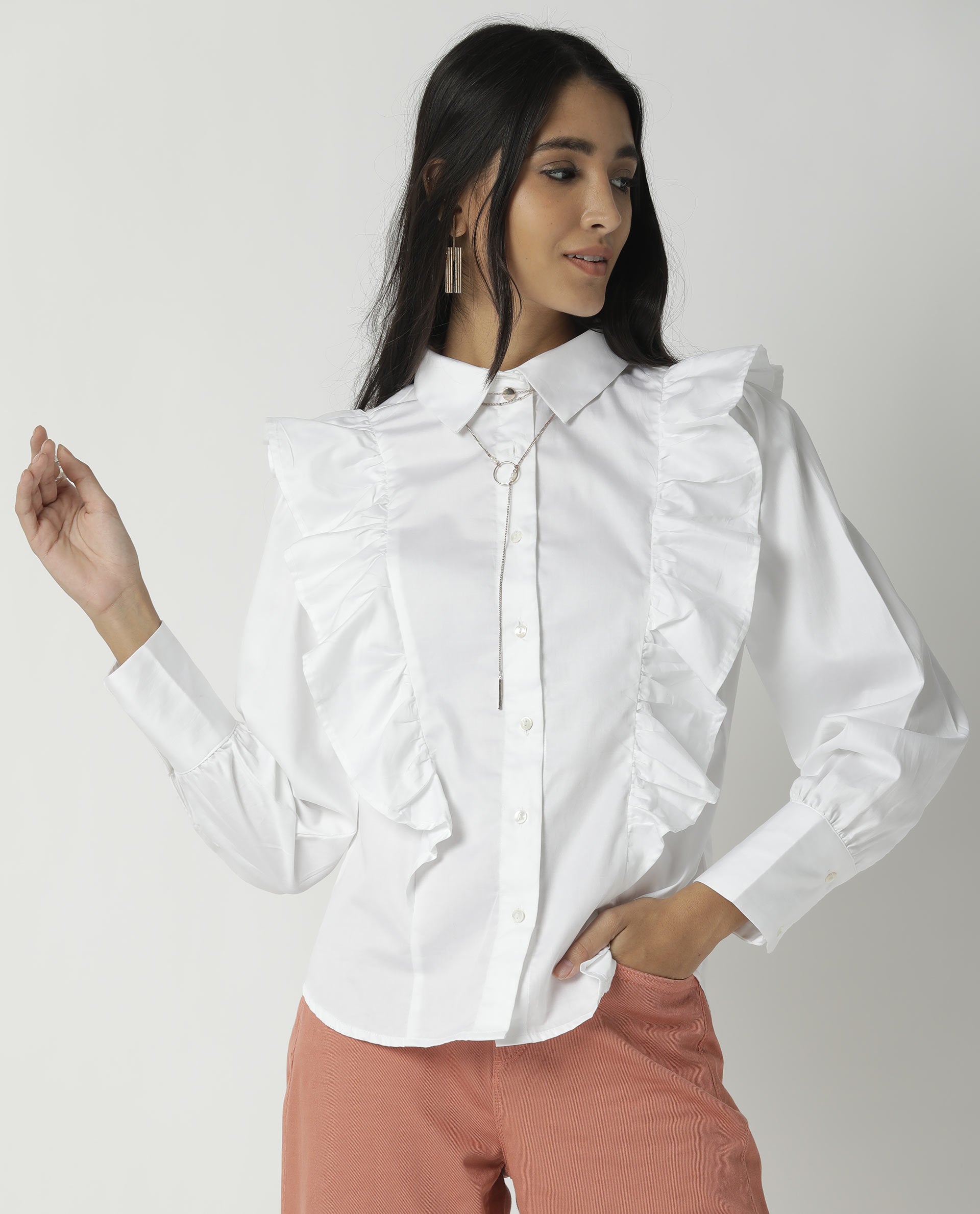 Rareism Womens Fiona White Top Cotton Lycra Fabric Regular Fit Cuffed Sleeve Collared Neck