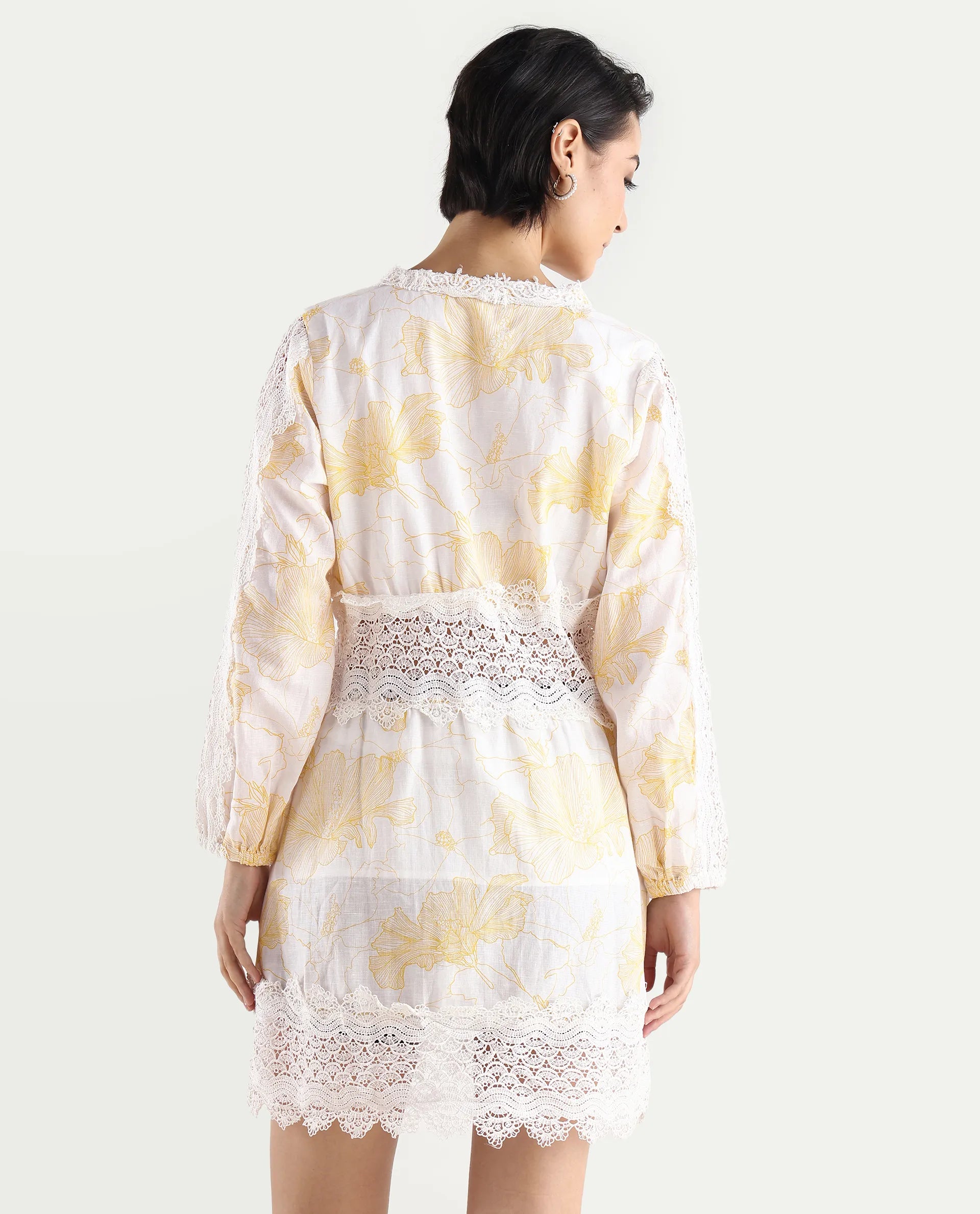 Rareism Women's Fiscella Pastel Yellow Cotton V-Neck Floral Print Bishop Sleeve Mini Fit And Flare Dress