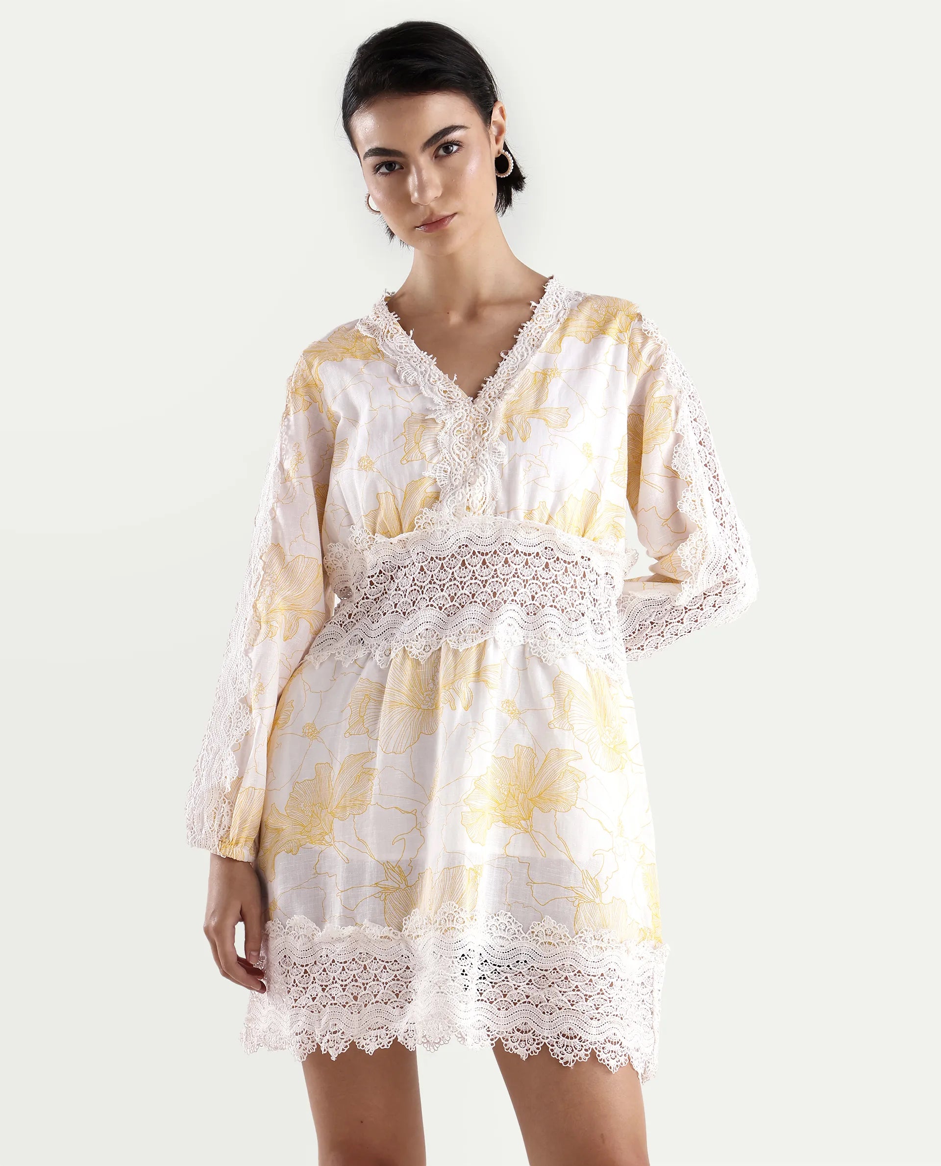 Rareism Women's Fiscella Pastel Yellow Cotton V-Neck Floral Print Bishop Sleeve Mini Fit And Flare Dress