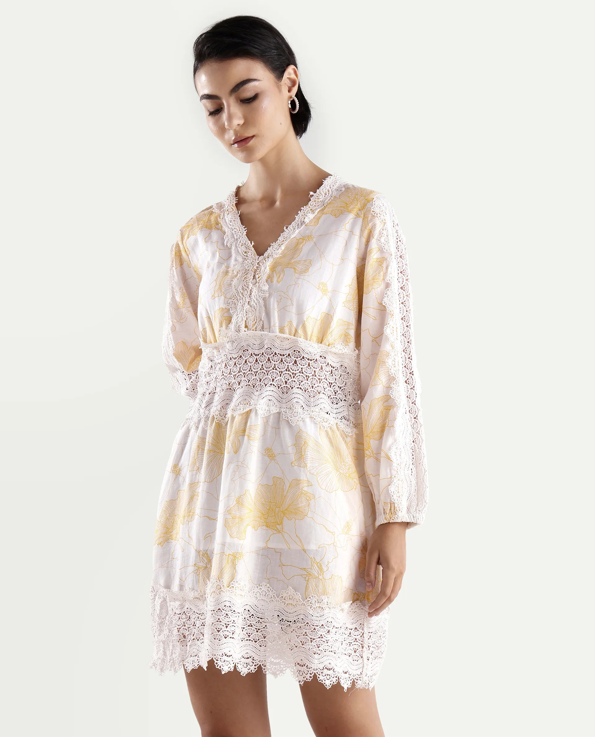 Rareism Women's Fiscella Pastel Yellow Cotton V-Neck Floral Print Bishop Sleeve Mini Fit And Flare Dress