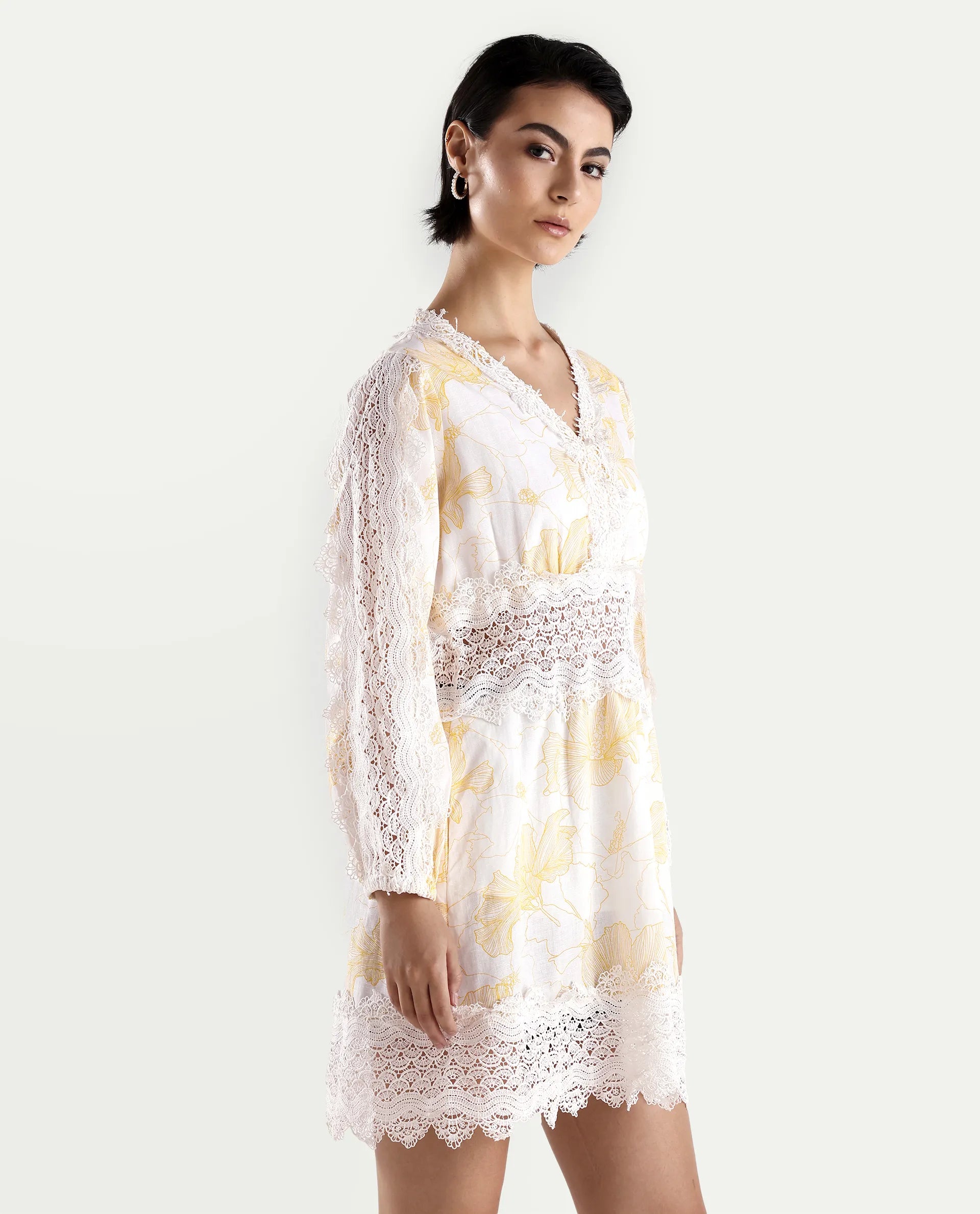 Rareism Women's Fiscella Pastel Yellow Cotton V-Neck Floral Print Bishop Sleeve Mini Fit And Flare Dress