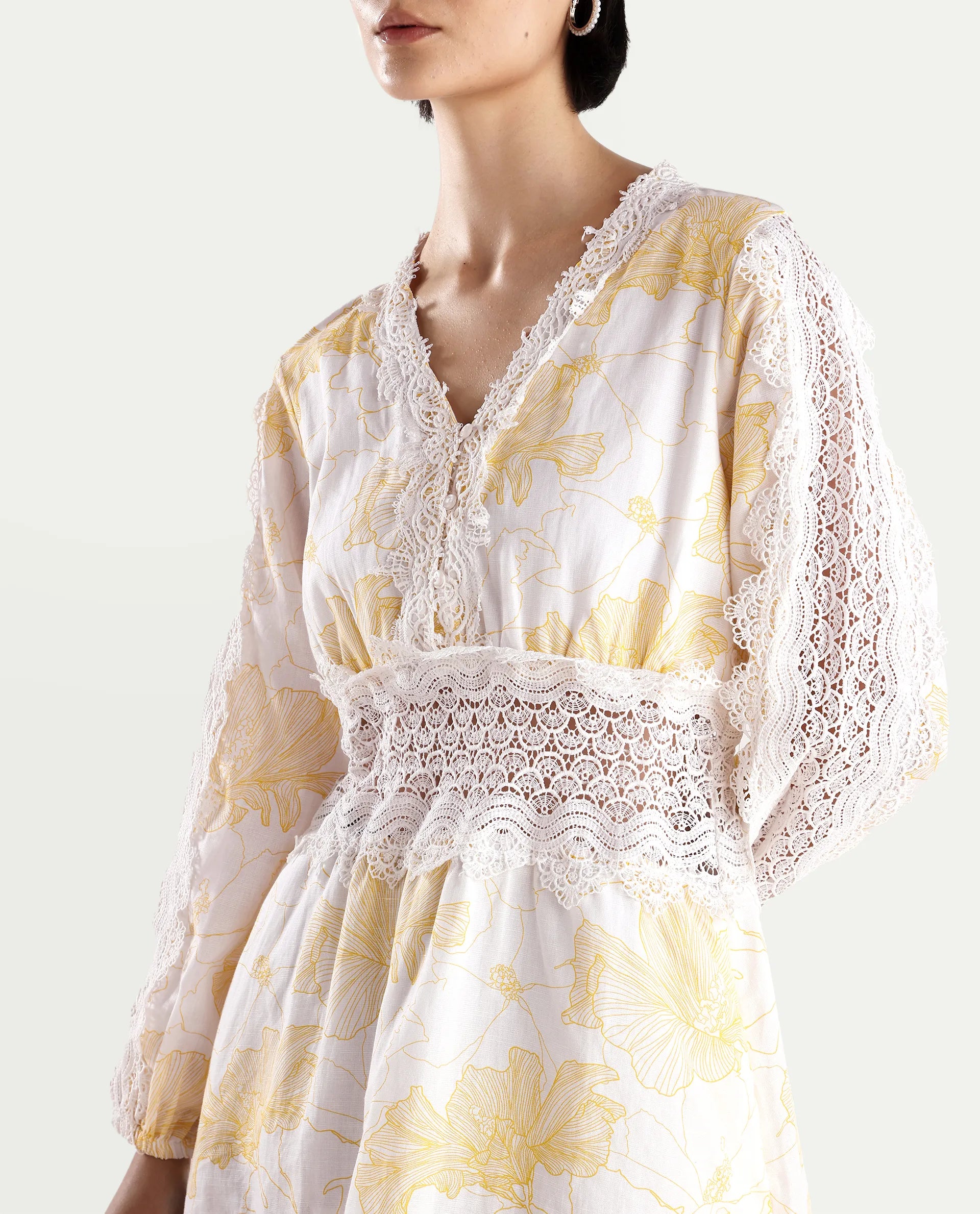 Rareism Women's Fiscella Pastel Yellow Cotton V-Neck Floral Print Bishop Sleeve Mini Fit And Flare Dress