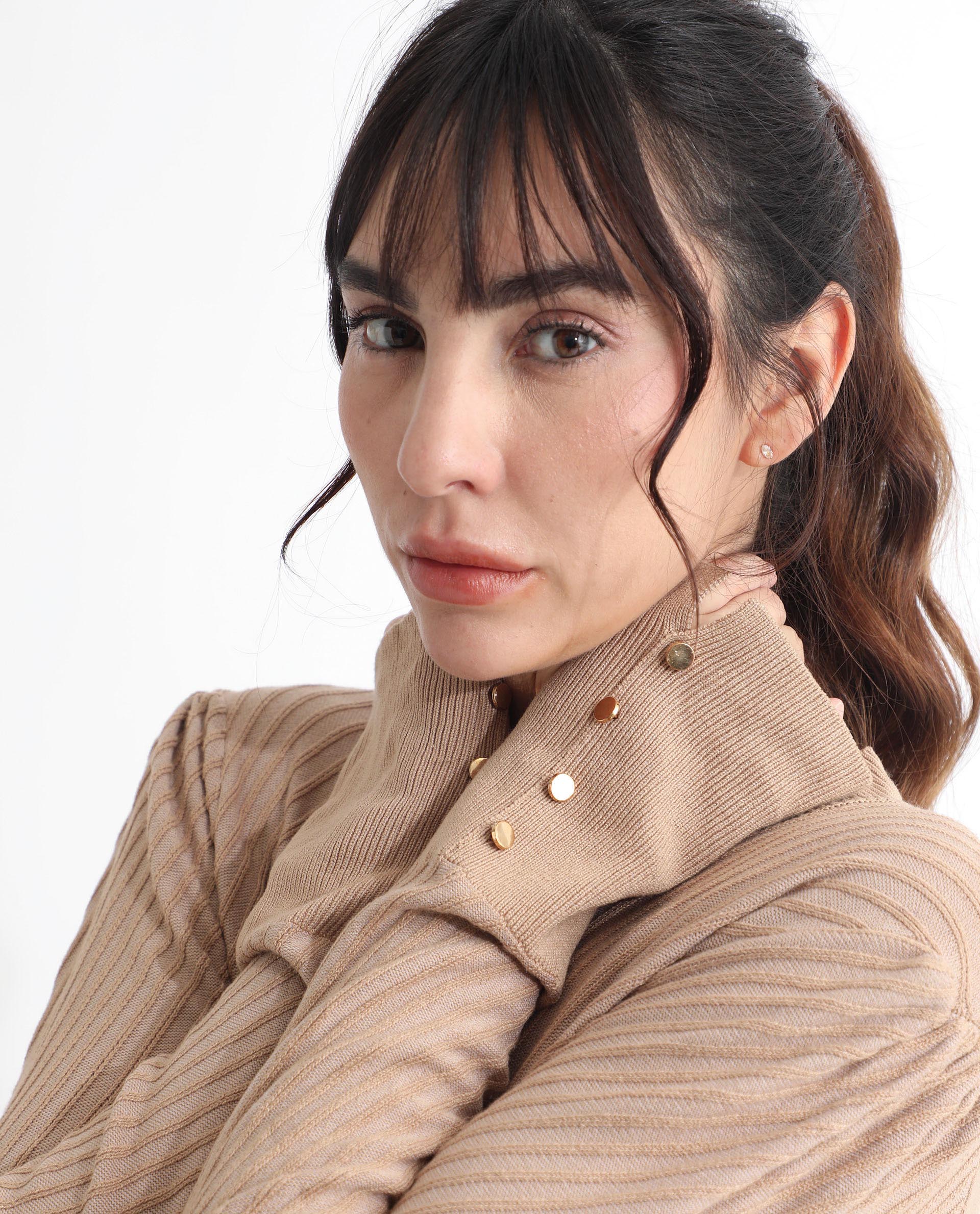 Rareism Women Fischer Beige Viscose Fabric Full Sleeves Knee Length Regular Fit Solid High Neck Sweater