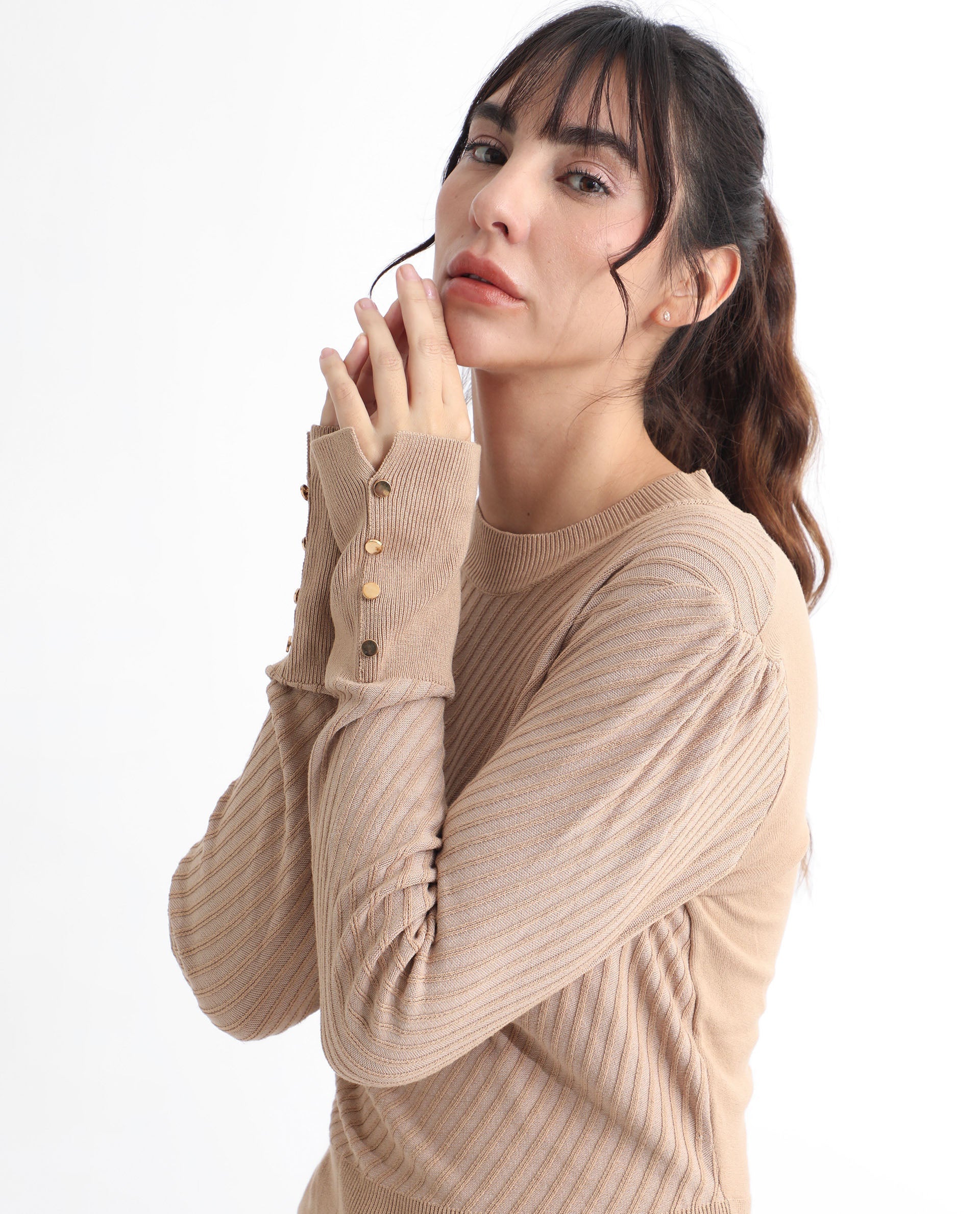 Rareism Women Fischer Beige Viscose Fabric Full Sleeves Knee Length Regular Fit Solid High Neck Sweater