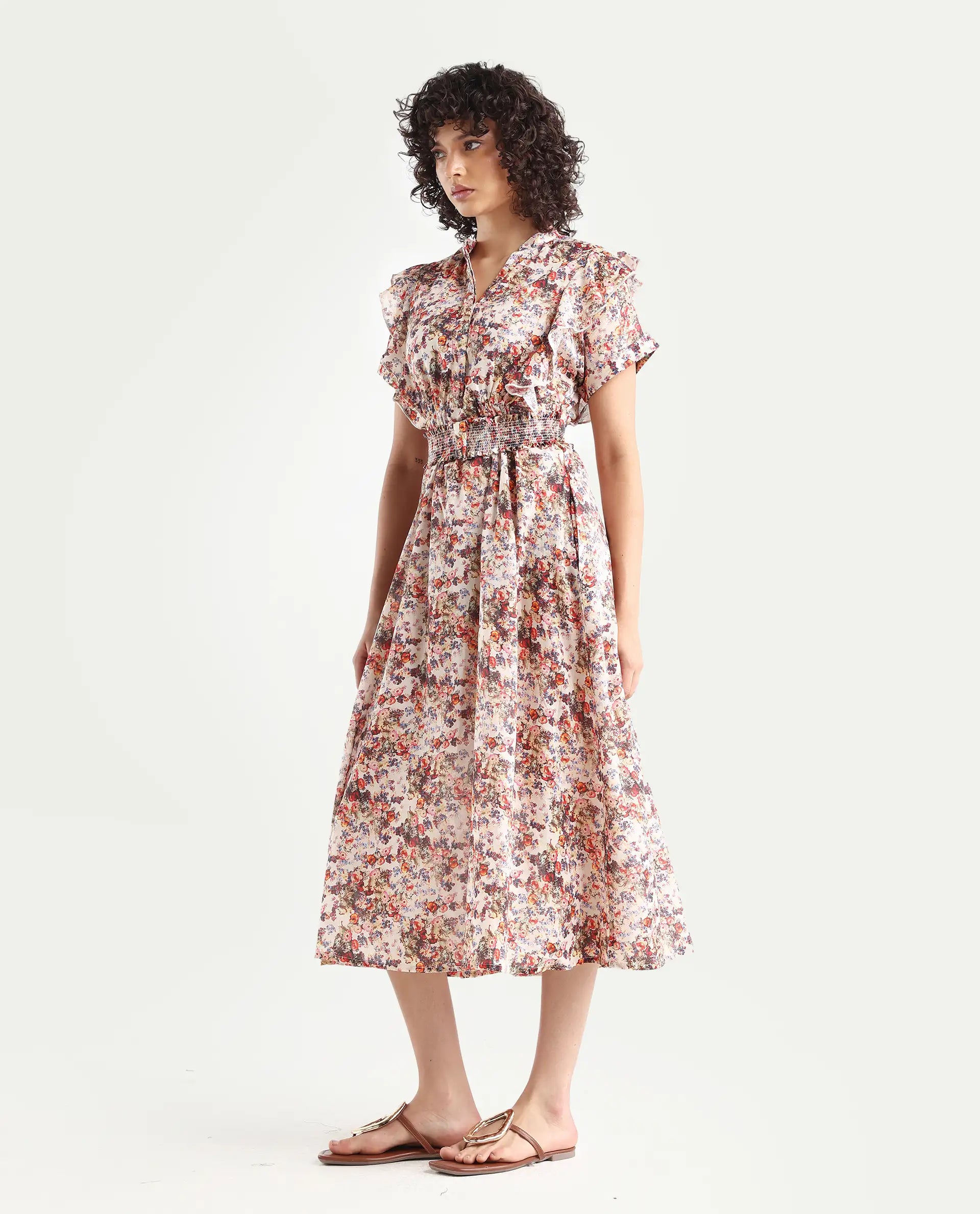 Rareism Women's Fisht Offwhite Cotton V-Neck Floral Print Ruffled Sleeve Midi Regular Fit Dress