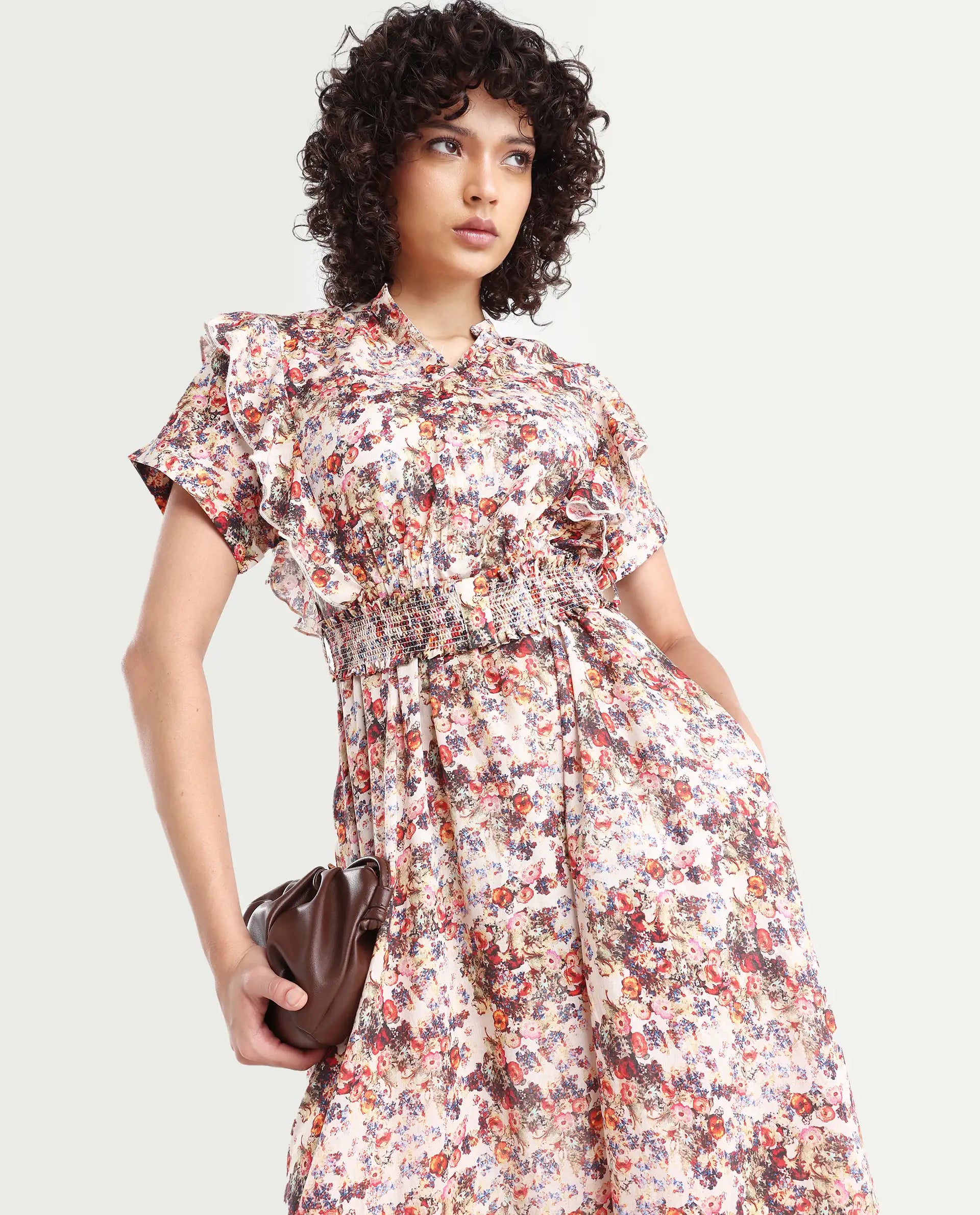 Rareism Women's Fisht Offwhite Cotton V-Neck Floral Print Ruffled Sleeve Midi Regular Fit Dress