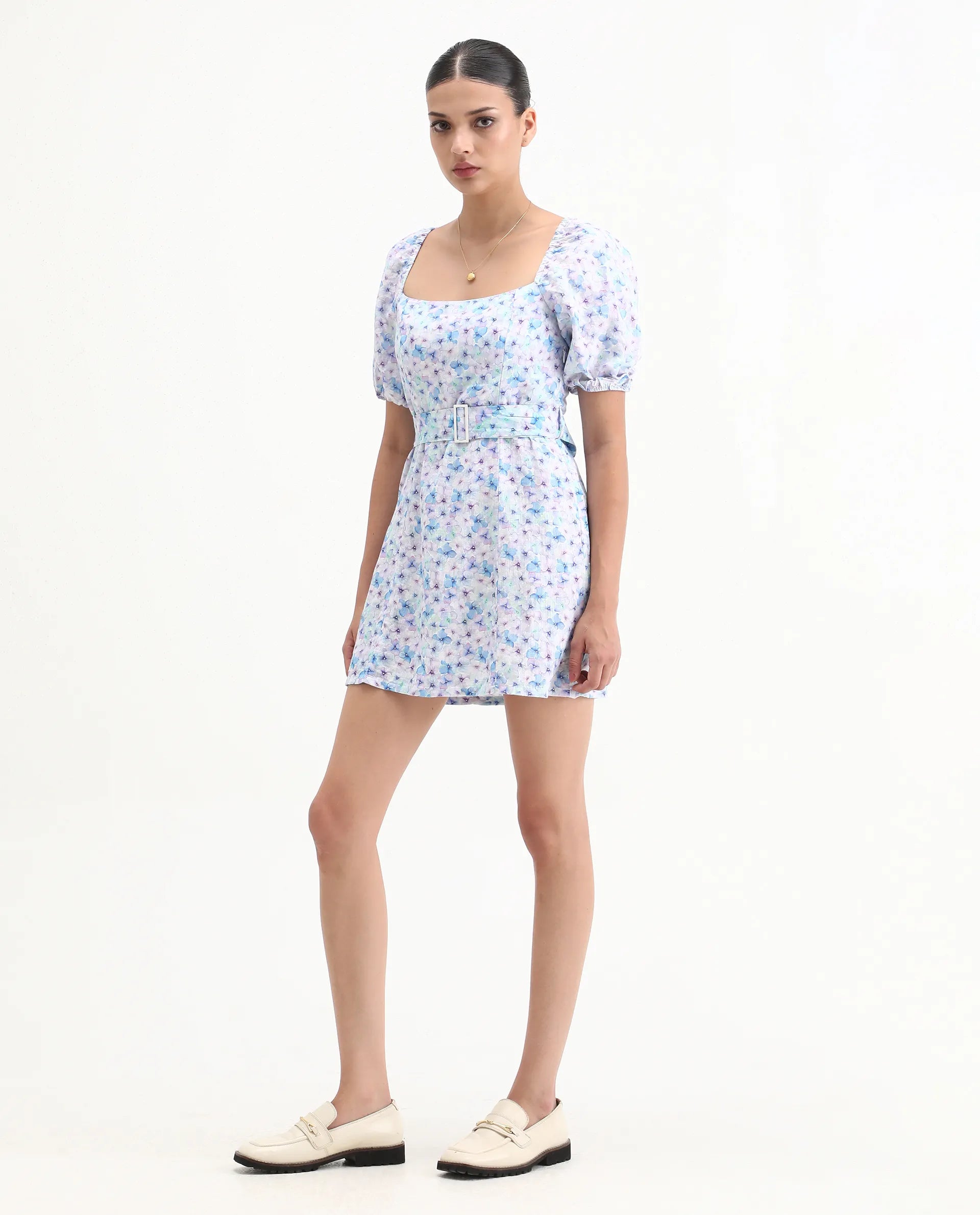 Rareism Women's Fisto Purple Linen Square Neck Floral Print Knee Length Regular Fit Dress