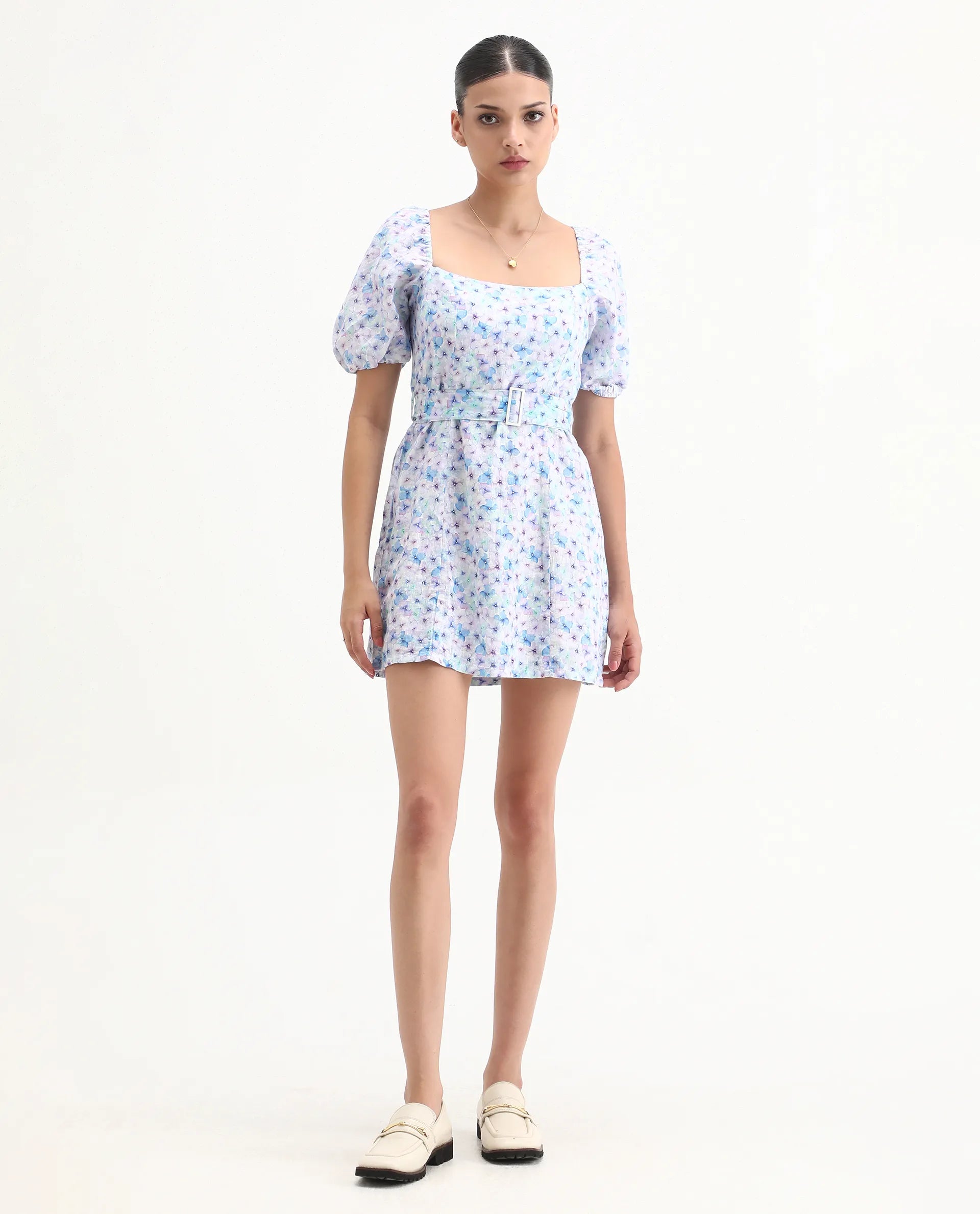 Rareism Women's Fisto Purple Linen Square Neck Floral Print Knee Length Regular Fit Dress