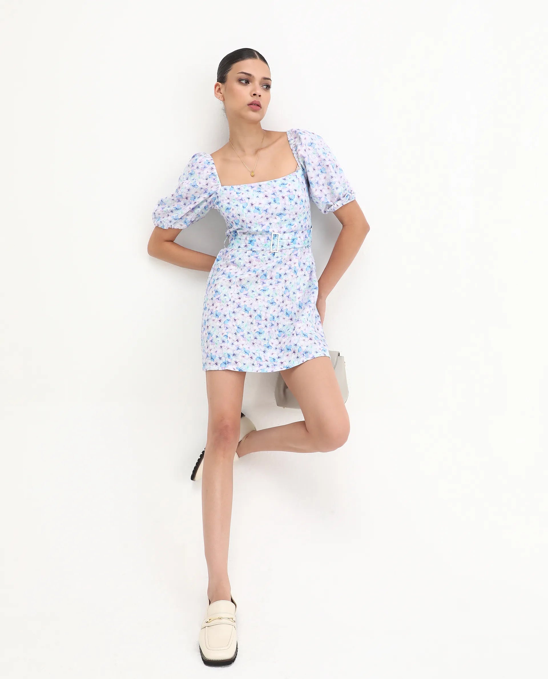 Rareism Women's Fisto Purple Linen Square Neck Floral Print Knee Length Regular Fit Dress