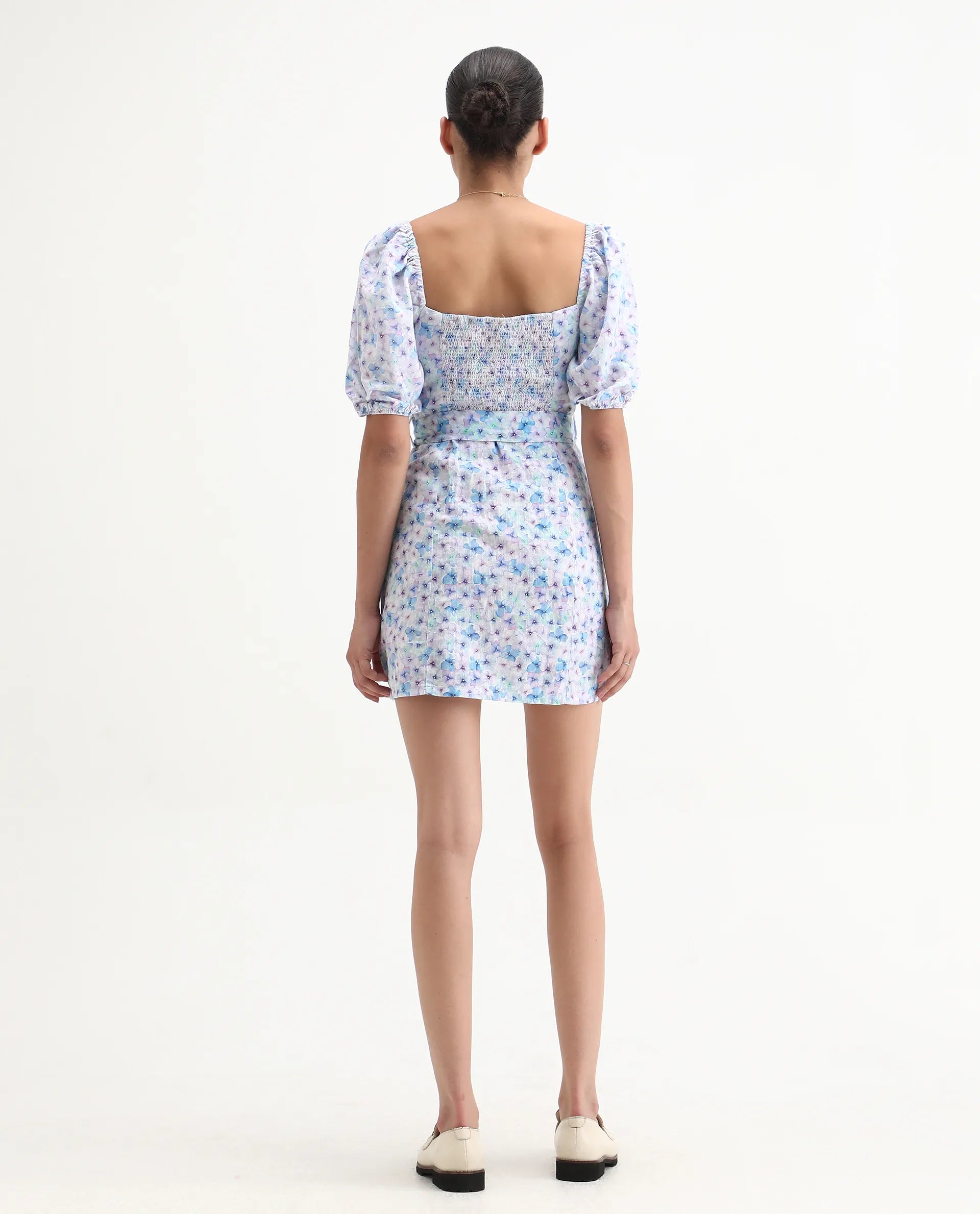 Rareism Women's Fisto Purple Linen Square Neck Floral Print Knee Length Regular Fit Dress