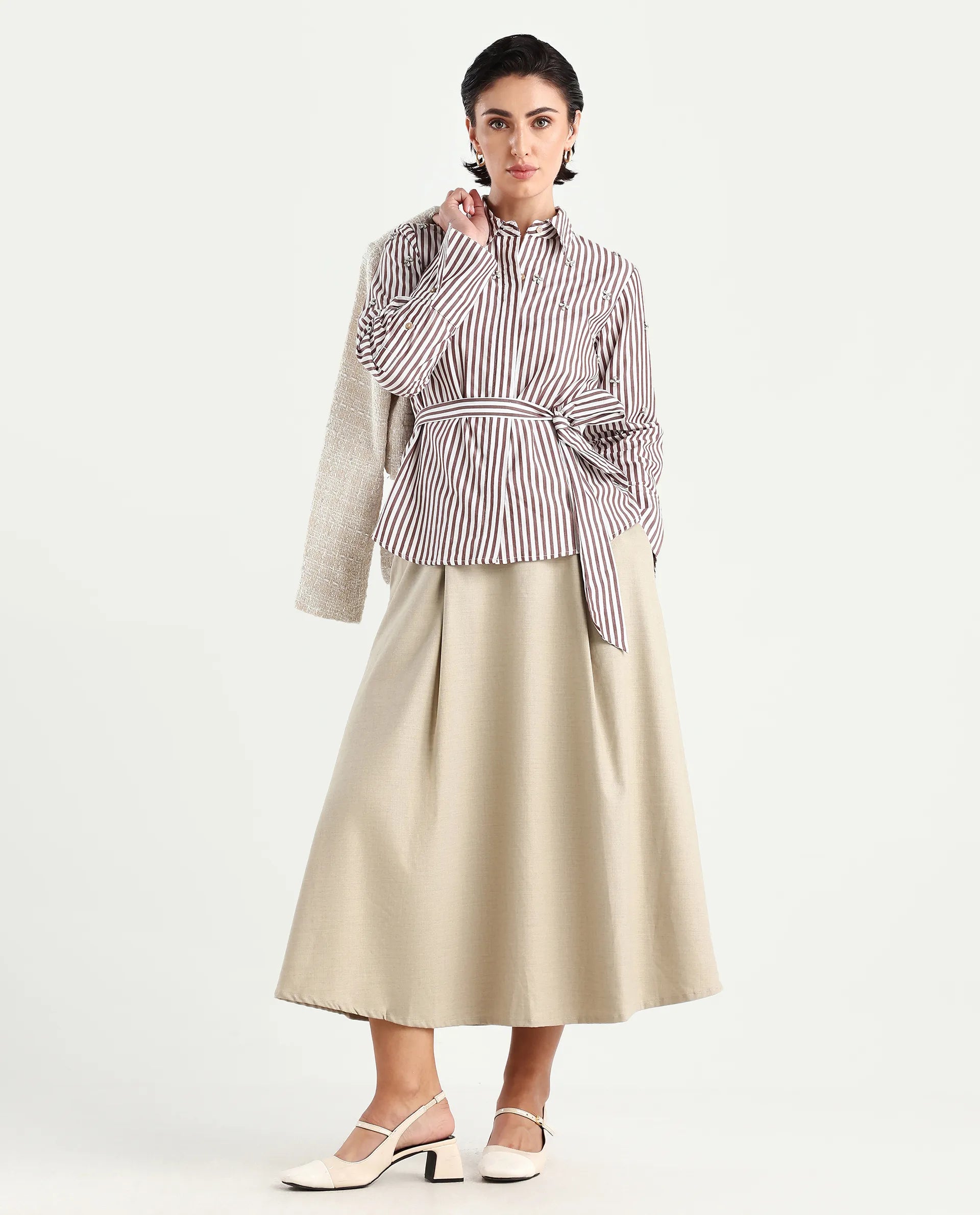 Rareism Women's Fitto Rust Cotton Drop Collar Striped Cuffed Sleeve Regular Fit Shirt