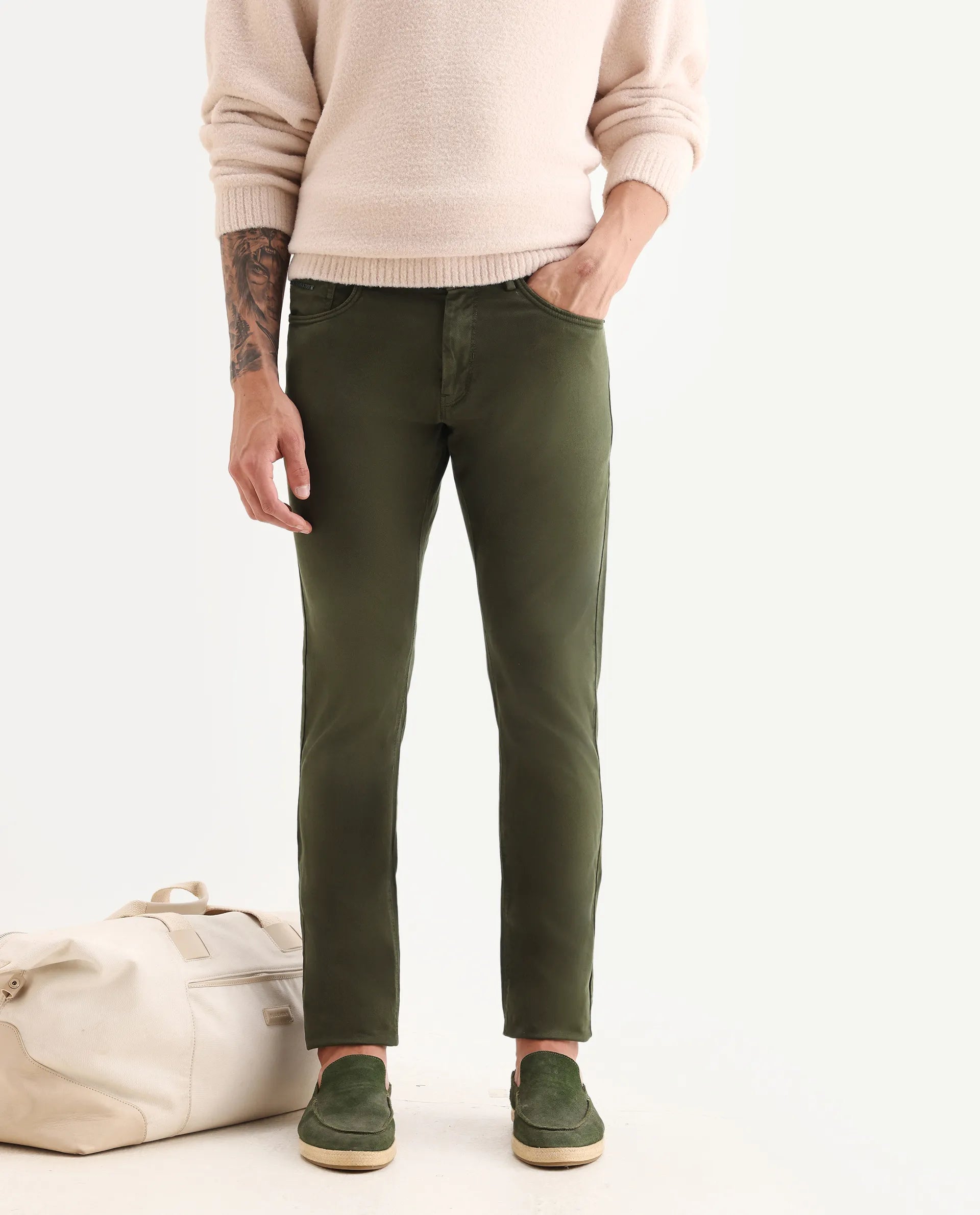 Rare Rabbit Men's Fiv5 Olive Cotton Plain Slim Fit Trouser