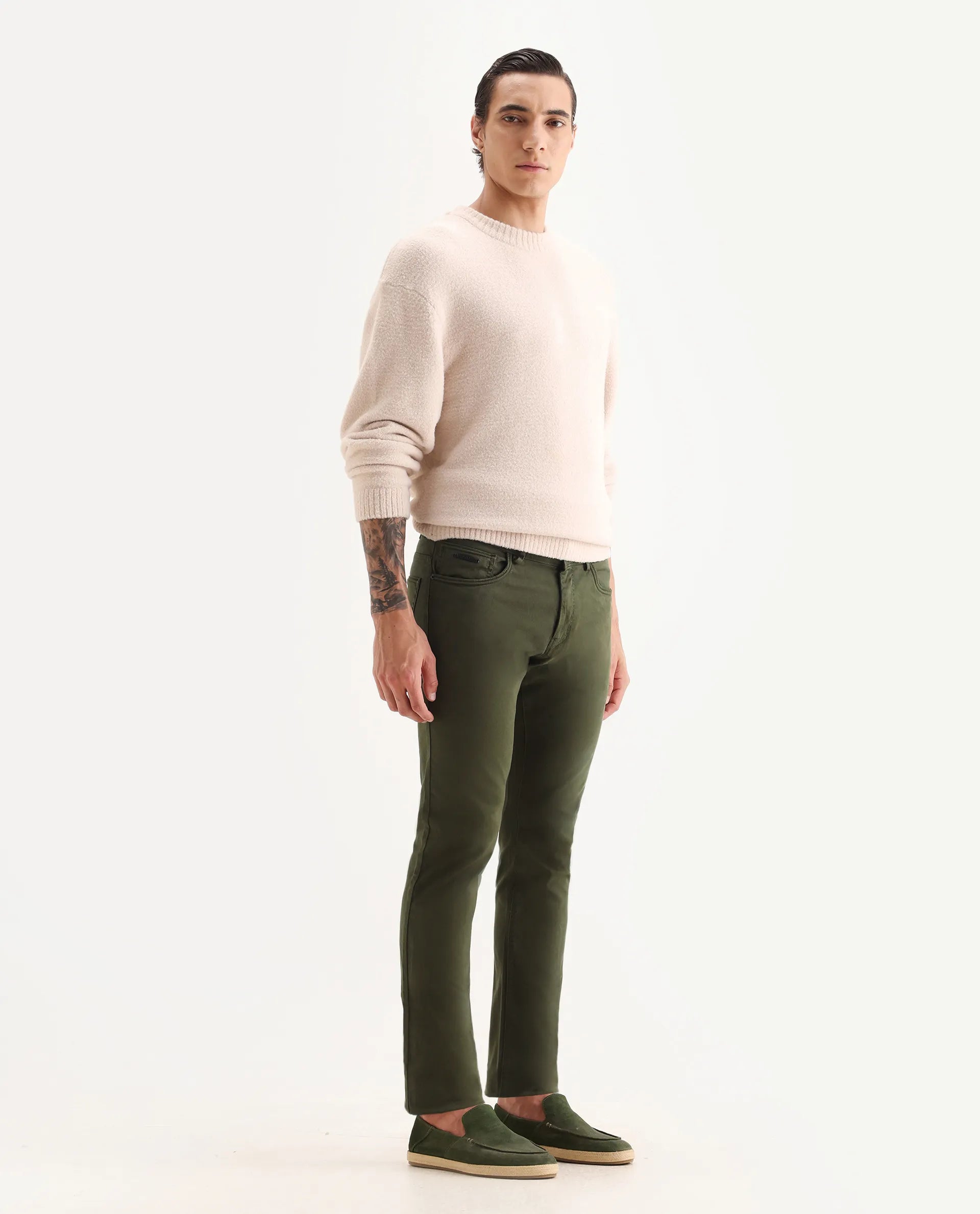 Rare Rabbit Men's Fiv5 Olive Cotton Plain Slim Fit Trouser