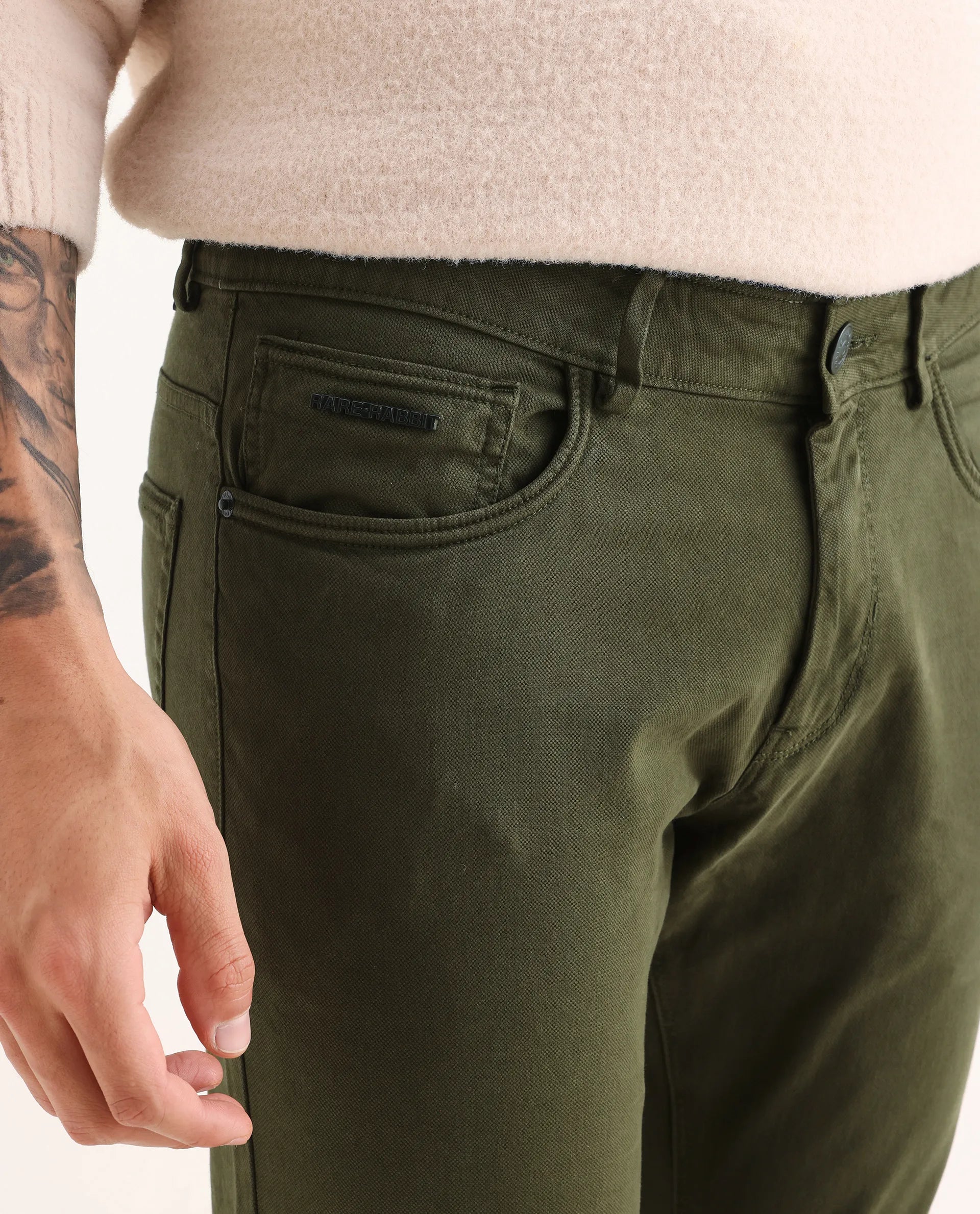 Rare Rabbit Men's Fiv5 Olive Cotton Plain Slim Fit Trouser