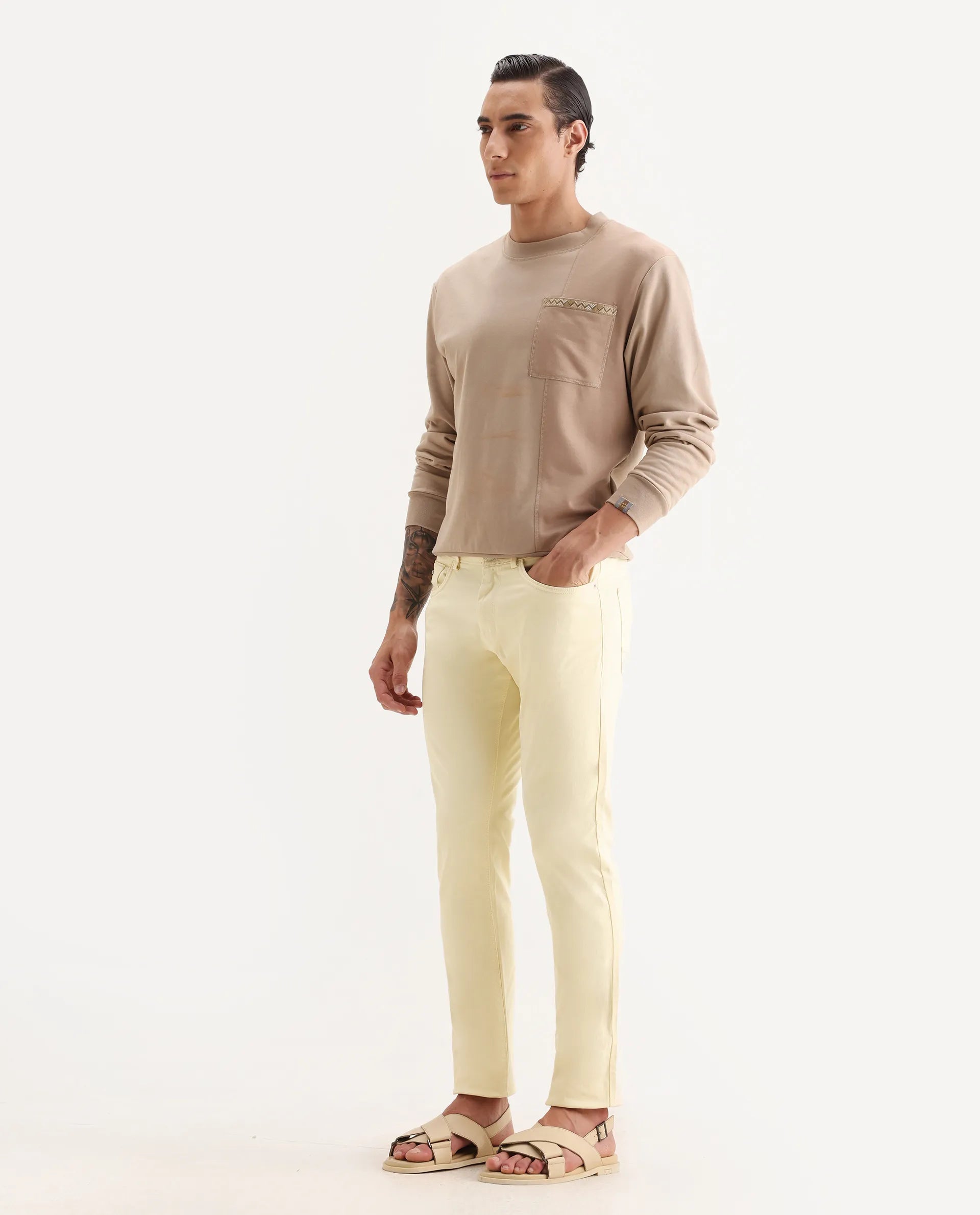 Rare Rabbit Men's Fiv5 Yellow Cotton Plain Slim Fit Trouser