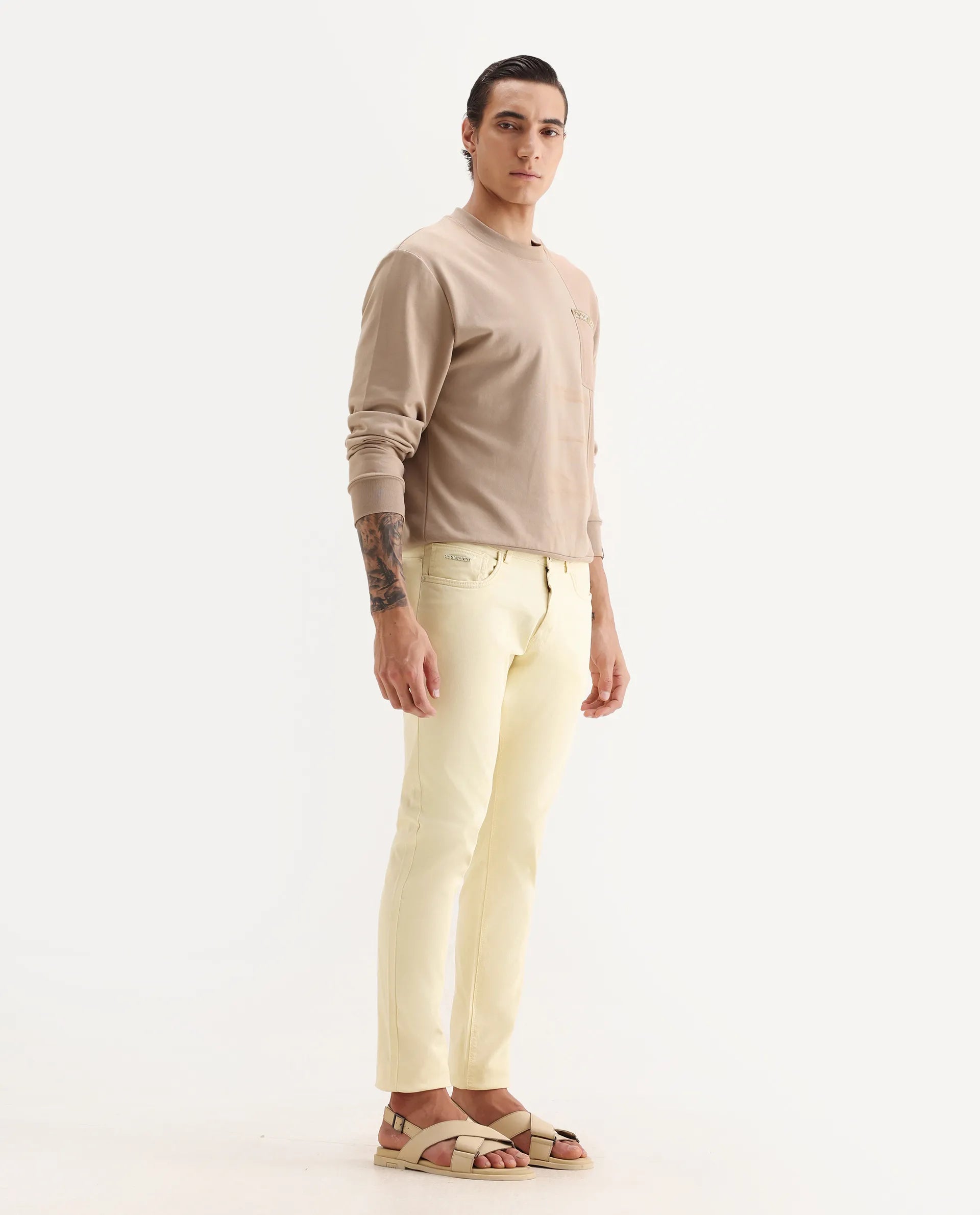 Rare Rabbit Men's Fiv5 Yellow Cotton Plain Slim Fit Trouser