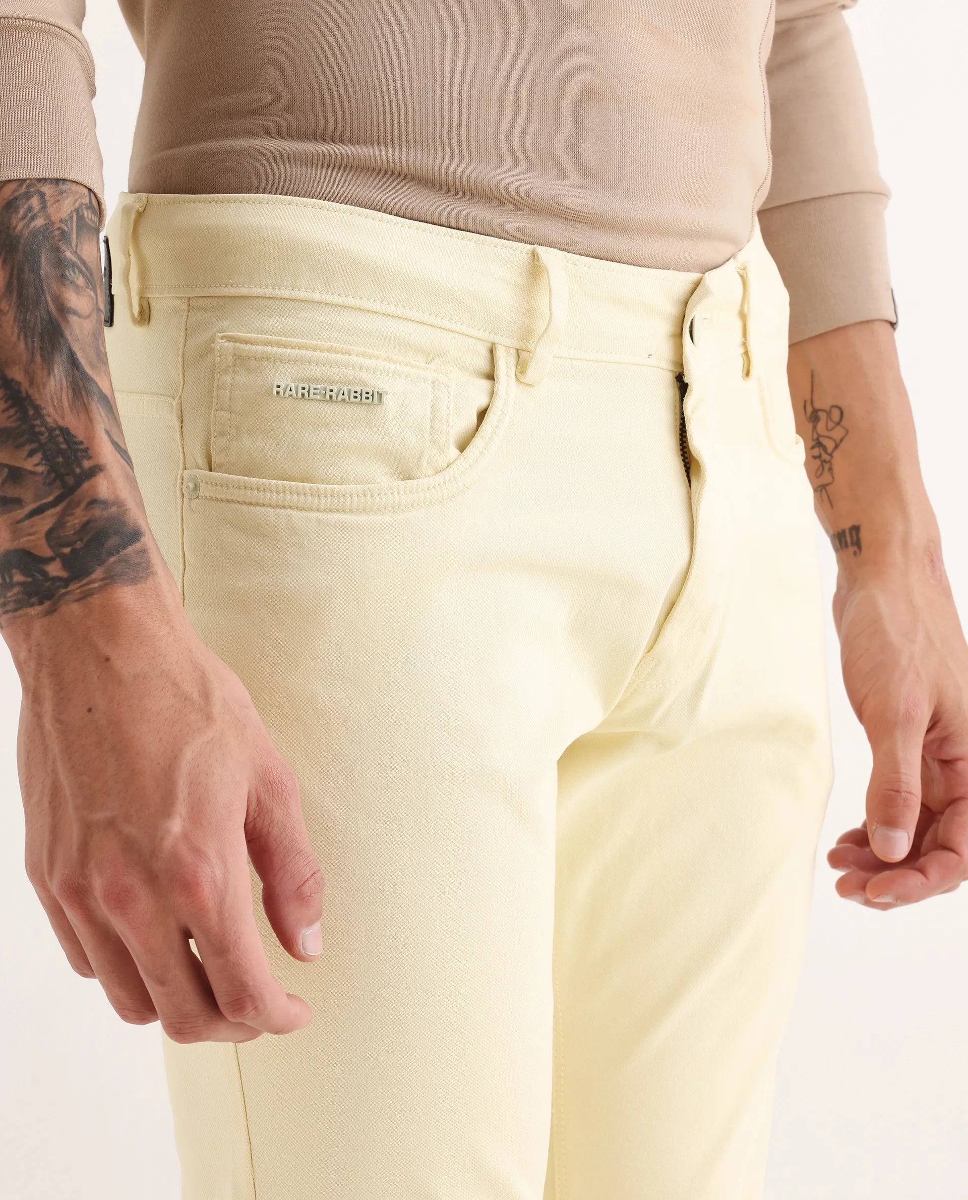 Rare Rabbit Men's Fiv5 Yellow Cotton Plain Slim Fit Trouser