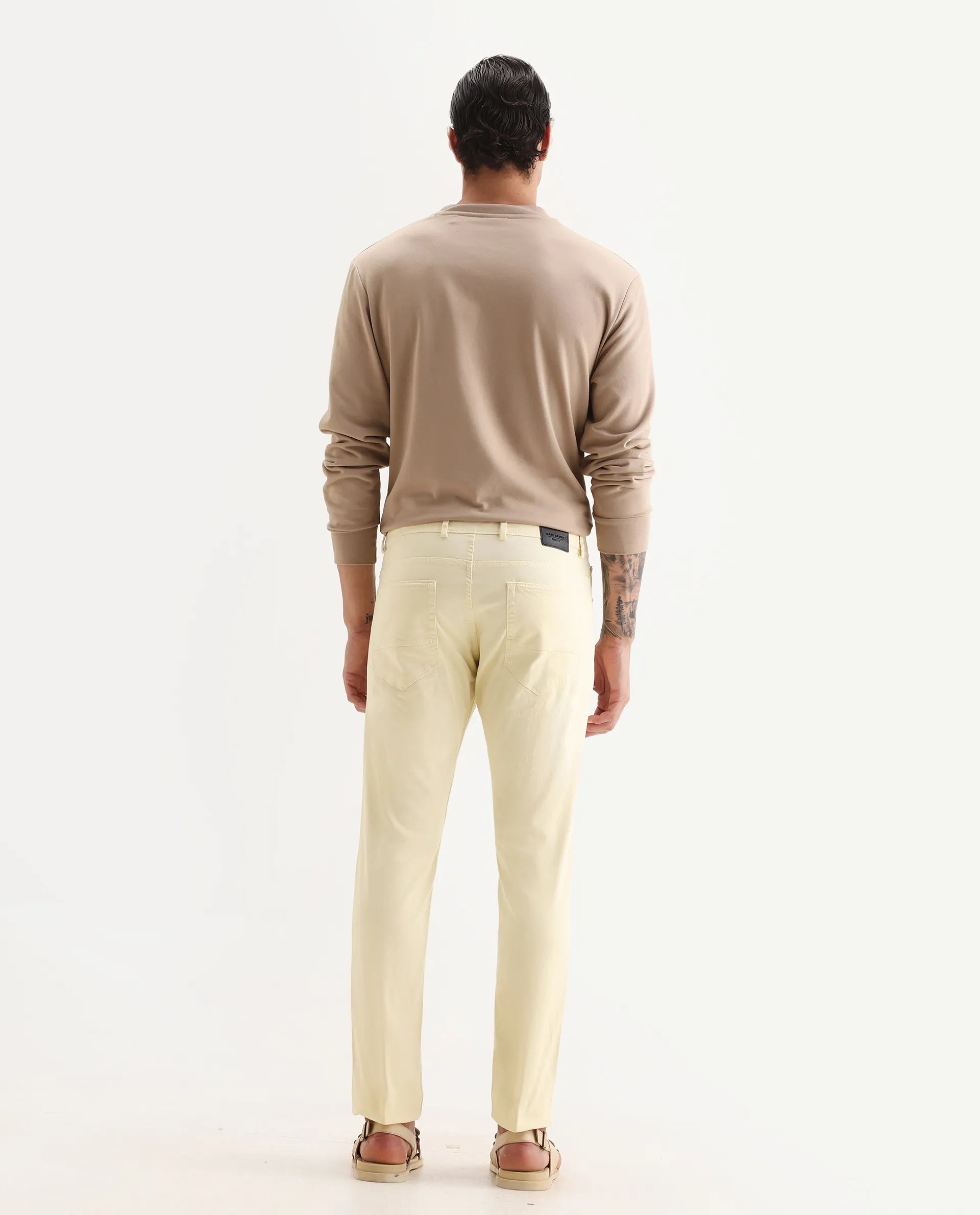 Rare Rabbit Men's Fiv5 Yellow Cotton Plain Slim Fit Trouser