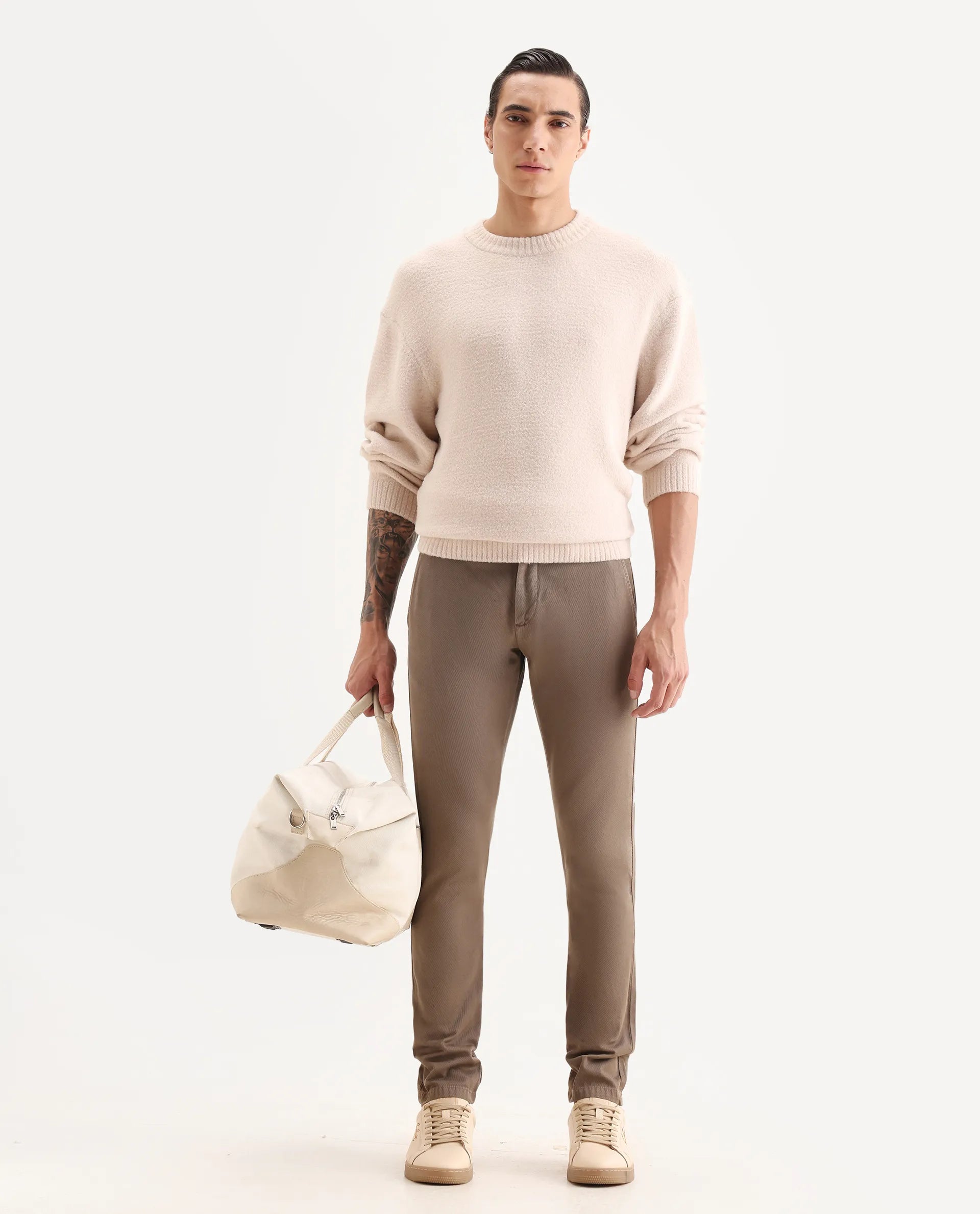 Rare Rabbit Men's Scotch Beige Cotton Plain Slim Fit Trouser