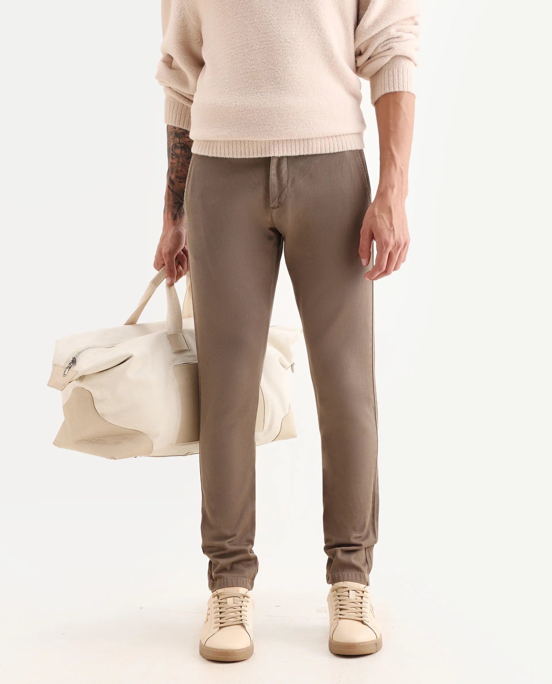 Rare Rabbit Men's Scotch Beige Cotton Plain Slim Fit Trouser