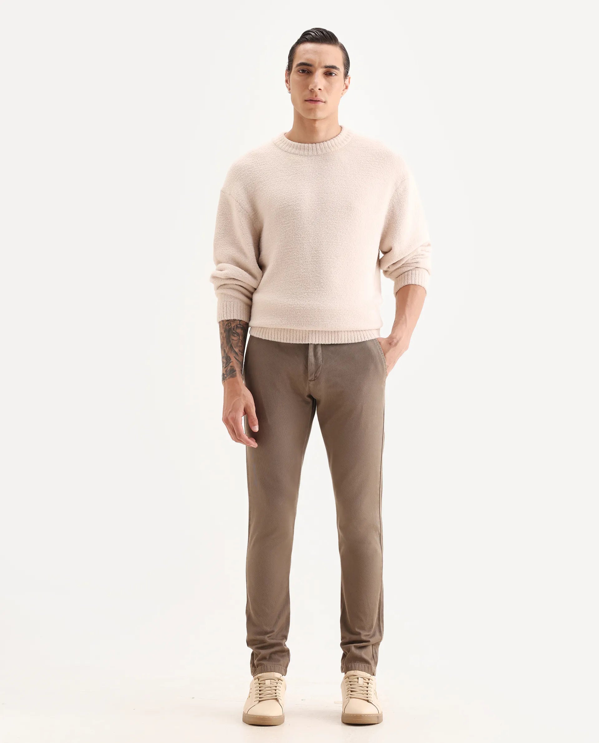 Rare Rabbit Men's Scotch Beige Cotton Plain Slim Fit Trouser