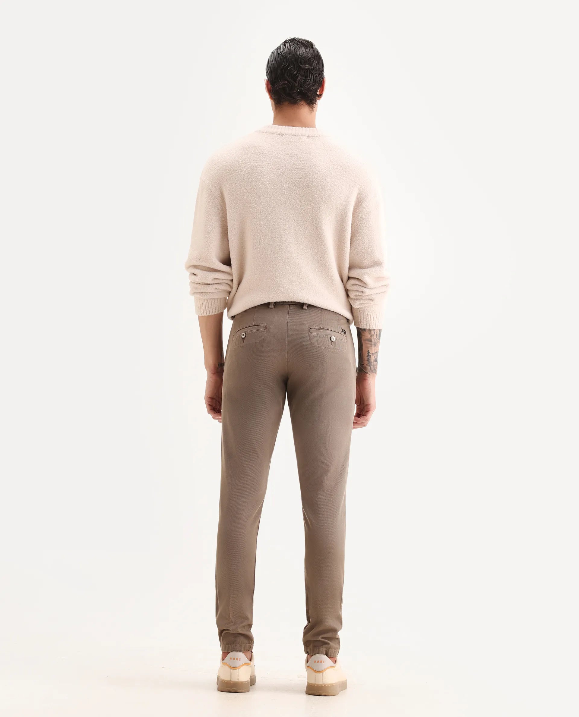Rare Rabbit Men's Scotch Beige Cotton Plain Slim Fit Trouser