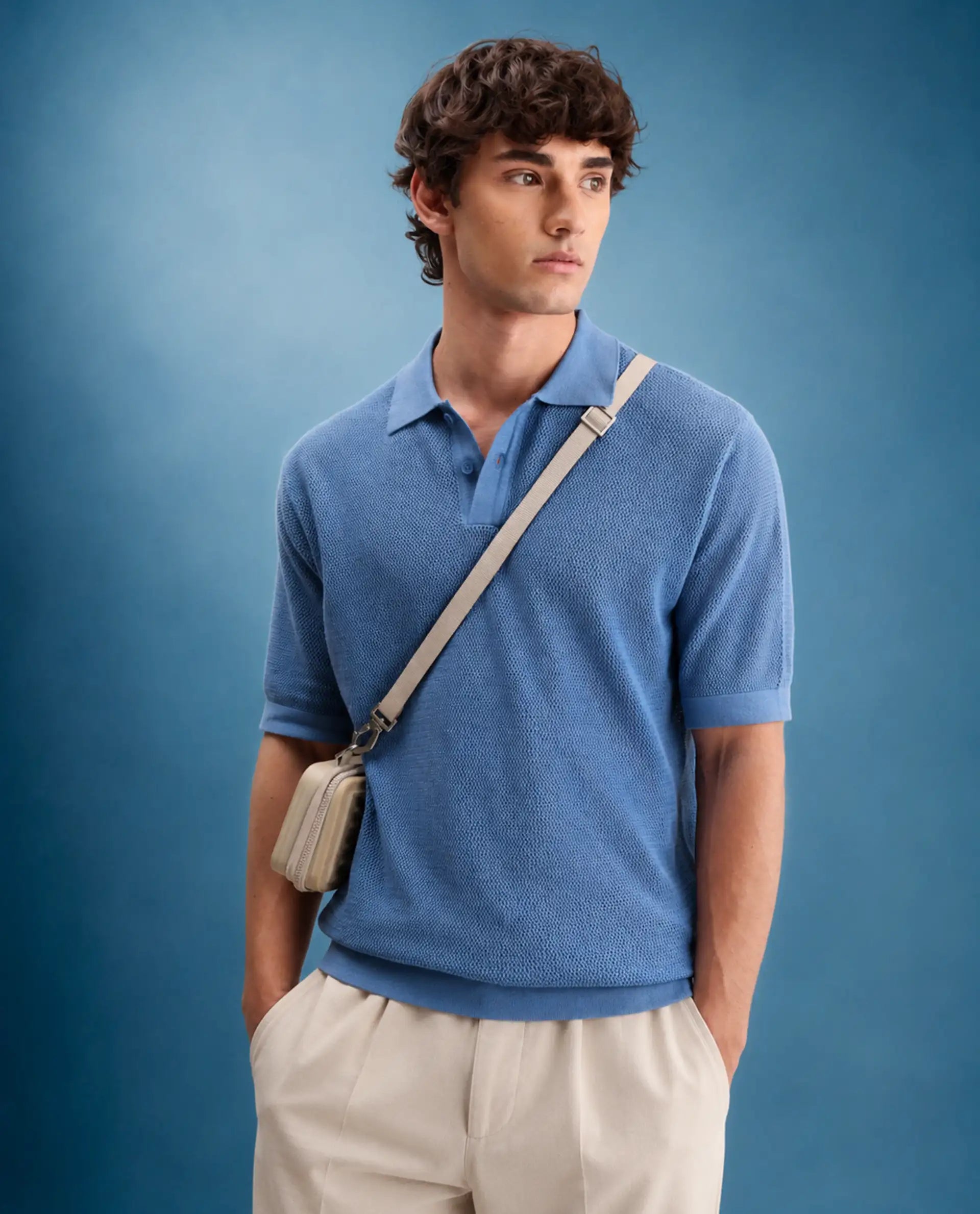 Rare Rabbit Men's Flako Fluorescent Blue Cotton Fabric Half Sleeve Spread Collar Regular Plain Polo