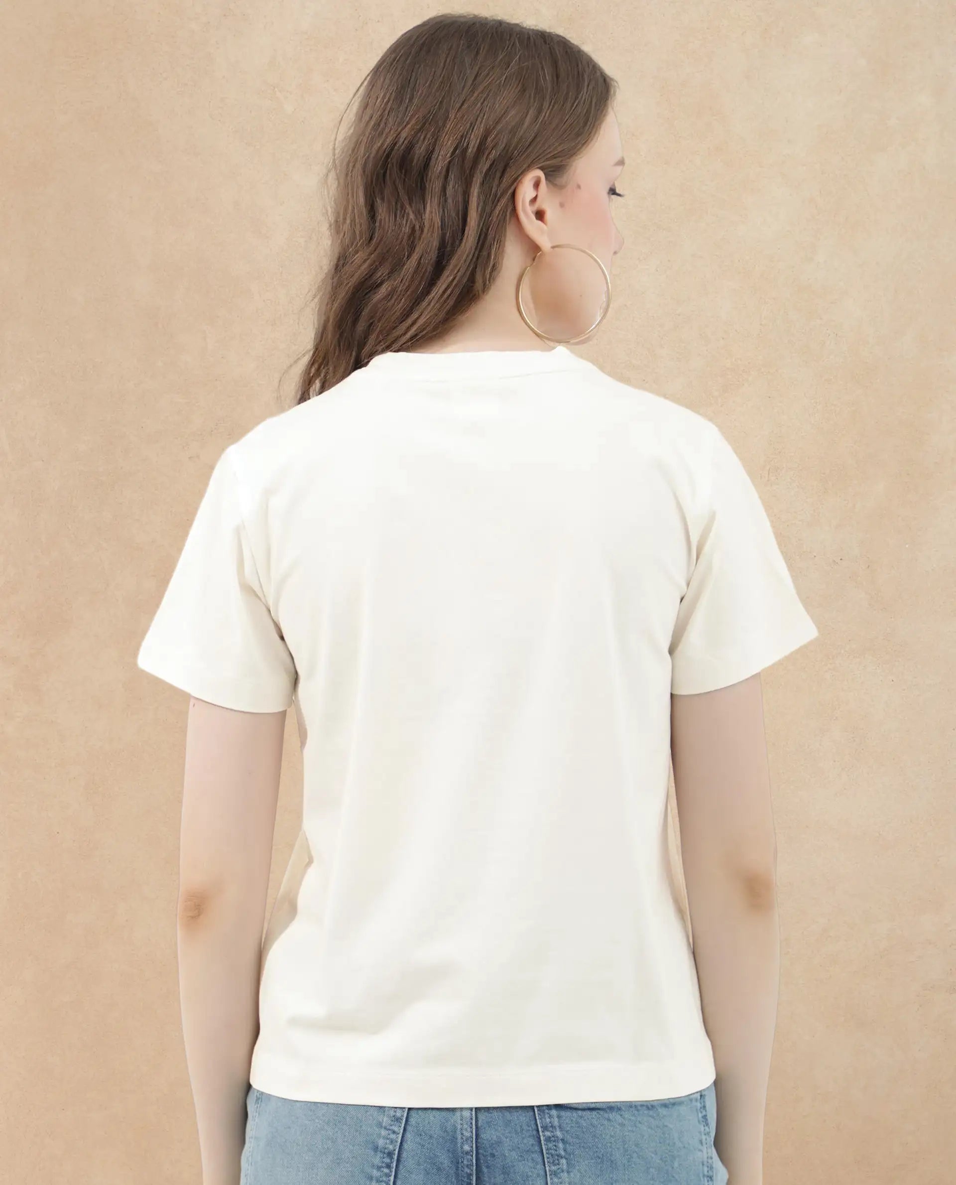 Rareism Women's Flank Off White Cotton Blend Crew Neck Graphic Print Regular Fit T-Shirt