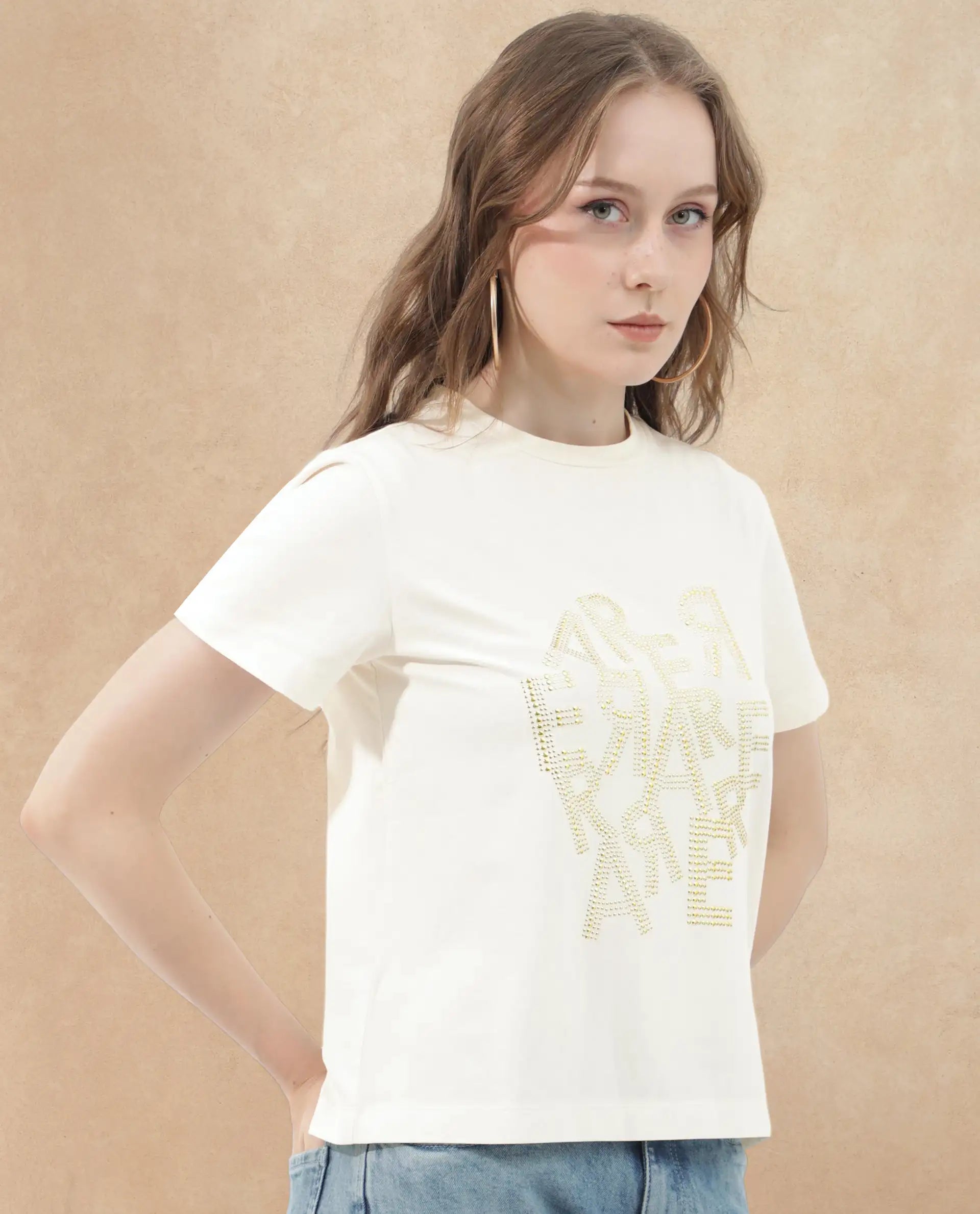 Rareism Women's Flank Off White Cotton Blend Crew Neck Graphic Print Regular Fit T-Shirt