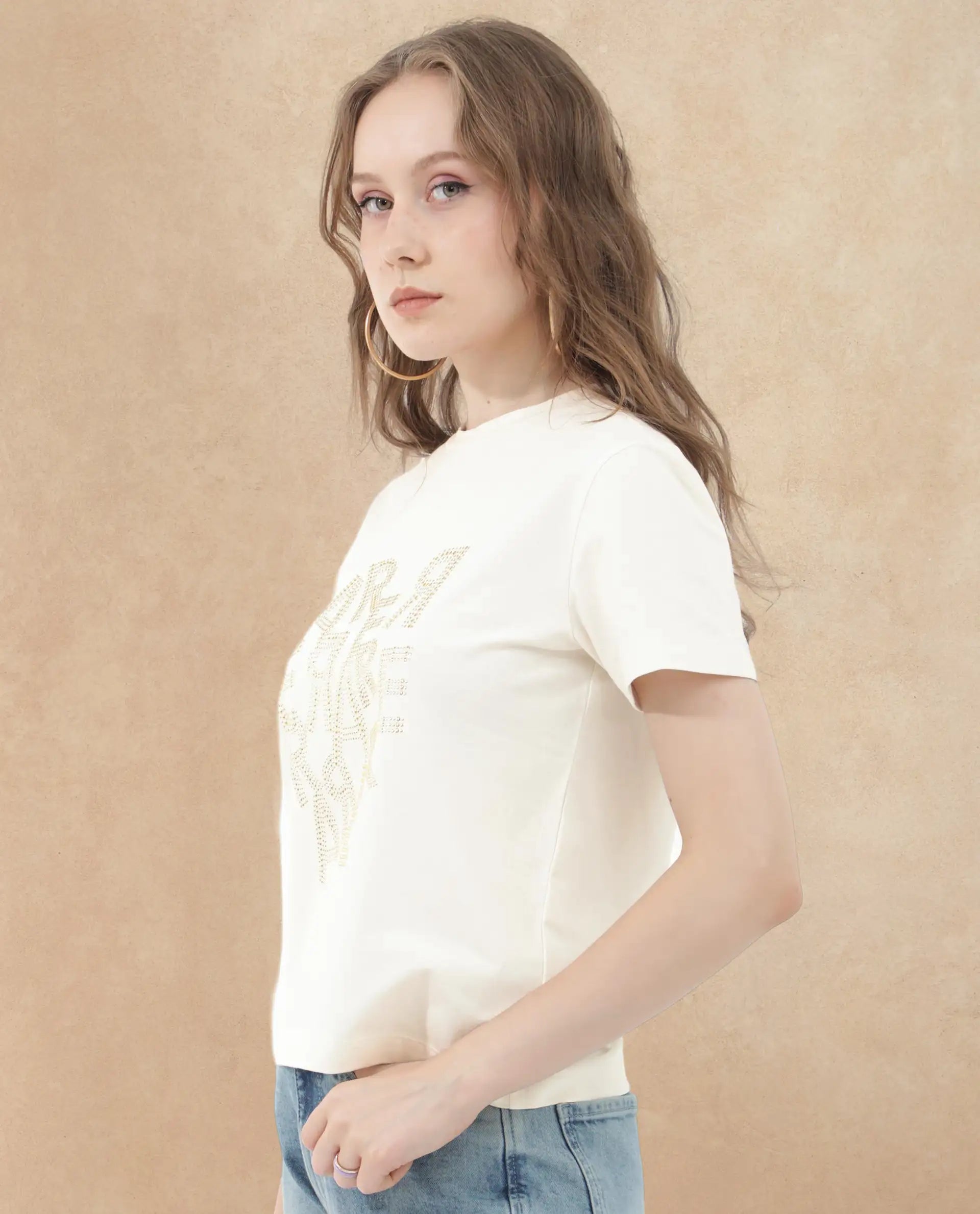 Rareism Women's Flank Off White Cotton Blend Crew Neck Graphic Print Regular Fit T-Shirt