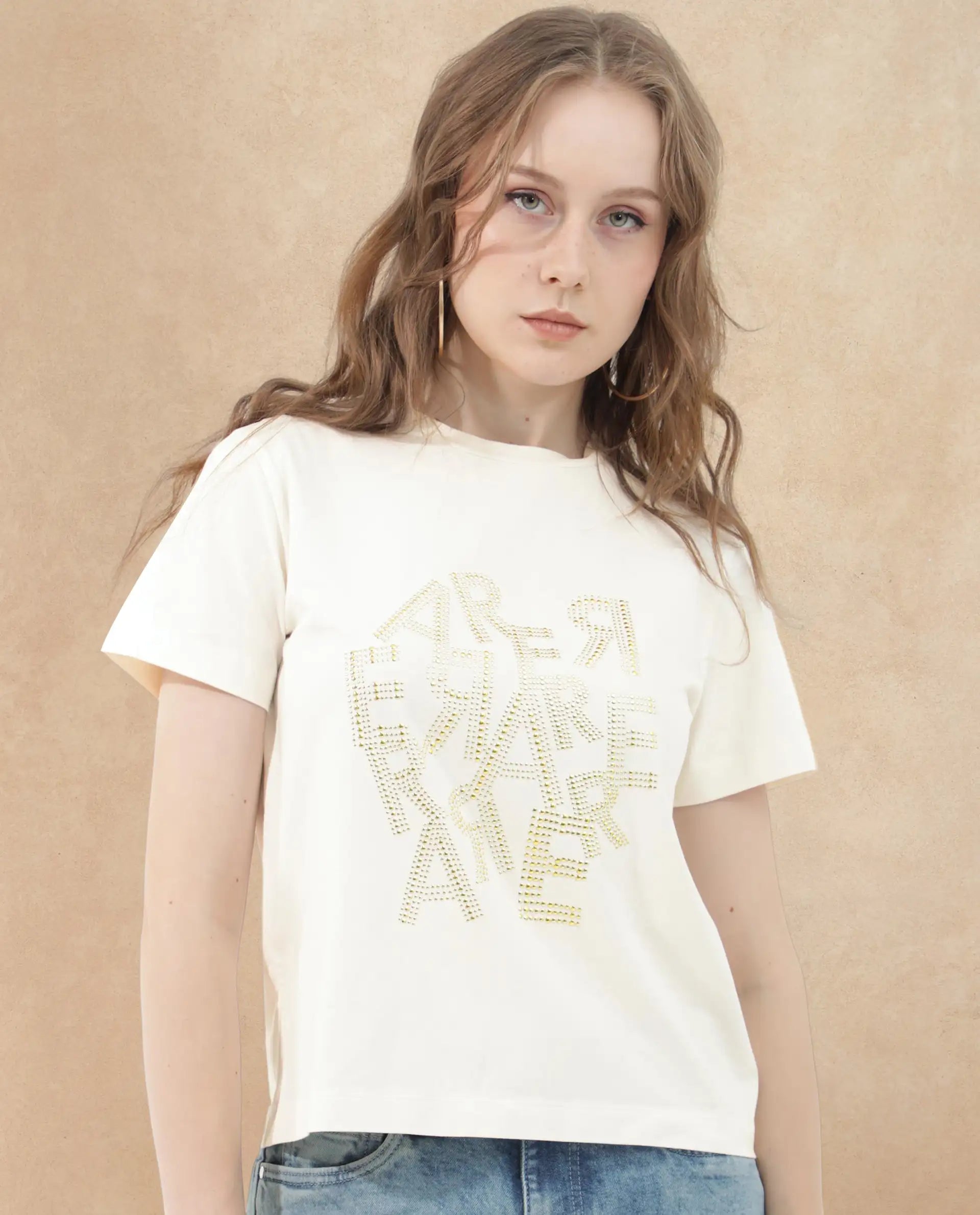 Rareism Women's Flank Off White Cotton Blend Crew Neck Graphic Print Regular Fit T-Shirt