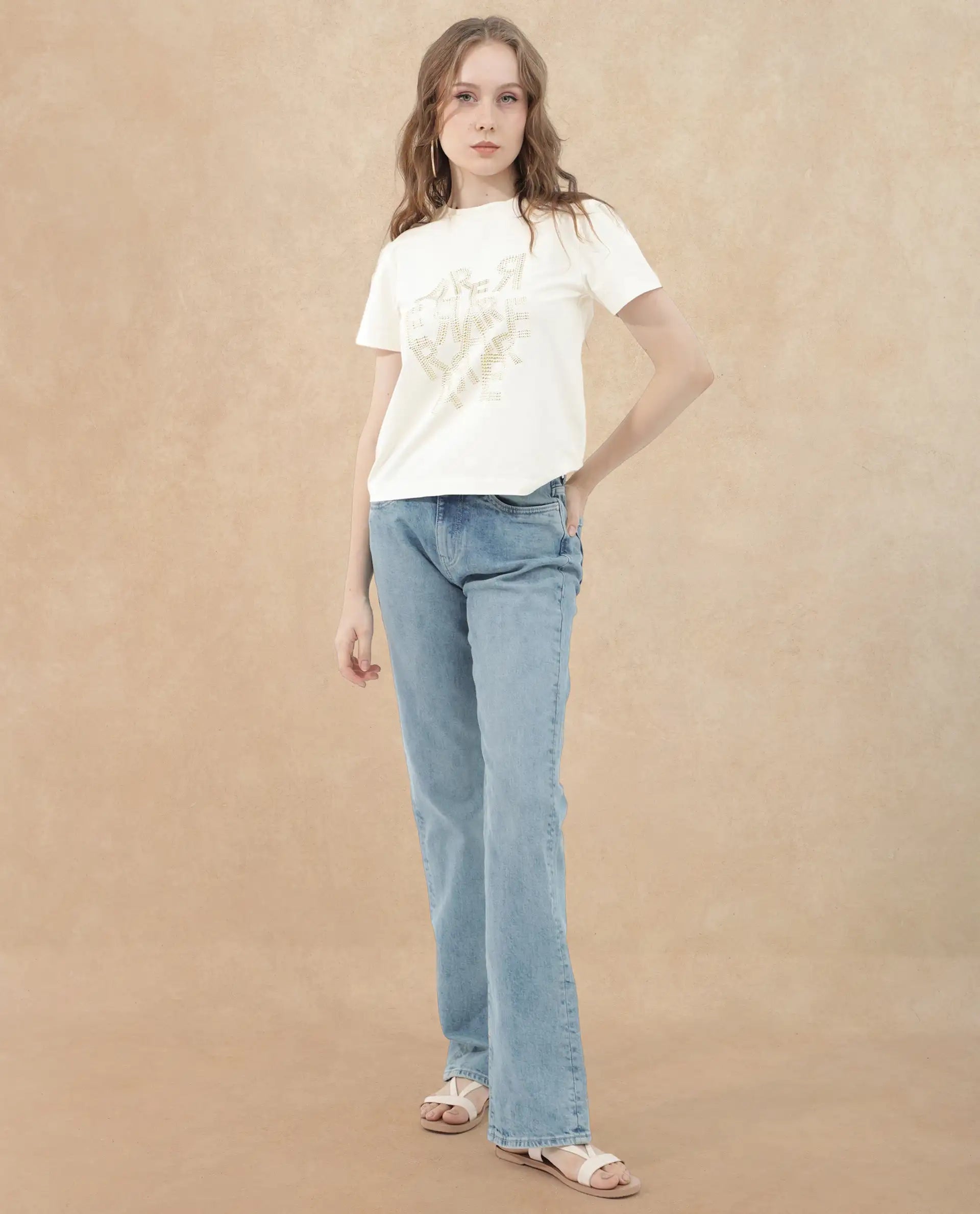 Rareism Women's Flank Off White Cotton Blend Crew Neck Graphic Print Regular Fit T-Shirt