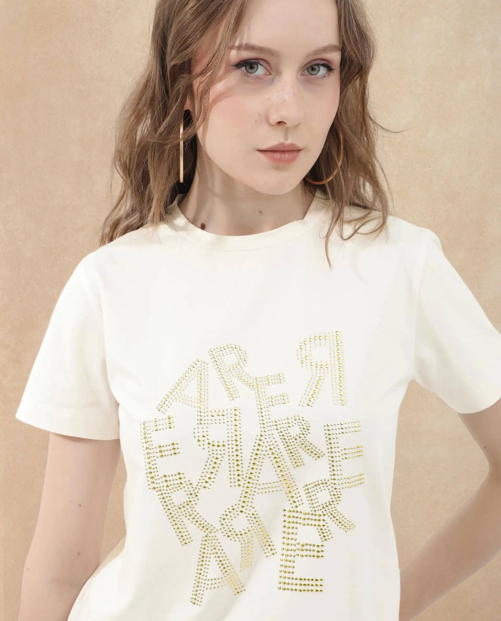 Rareism Women's Flank Off White Cotton Blend Crew Neck Graphic Print Regular Fit T-Shirt