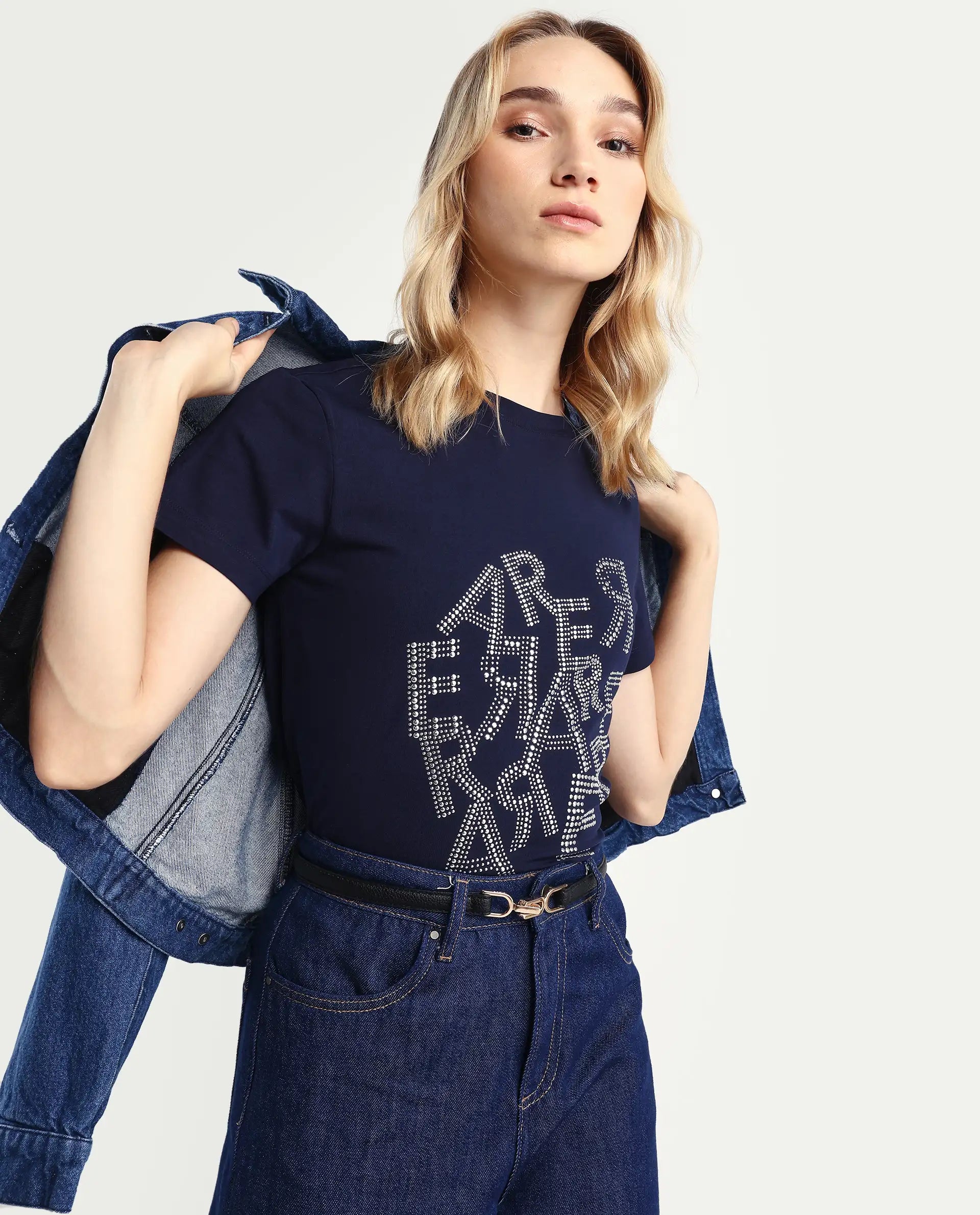 Rareism Women's Flank Dark Navy Cotton Blend Crew Neck Graphic Print Regular Fit T-Shirt