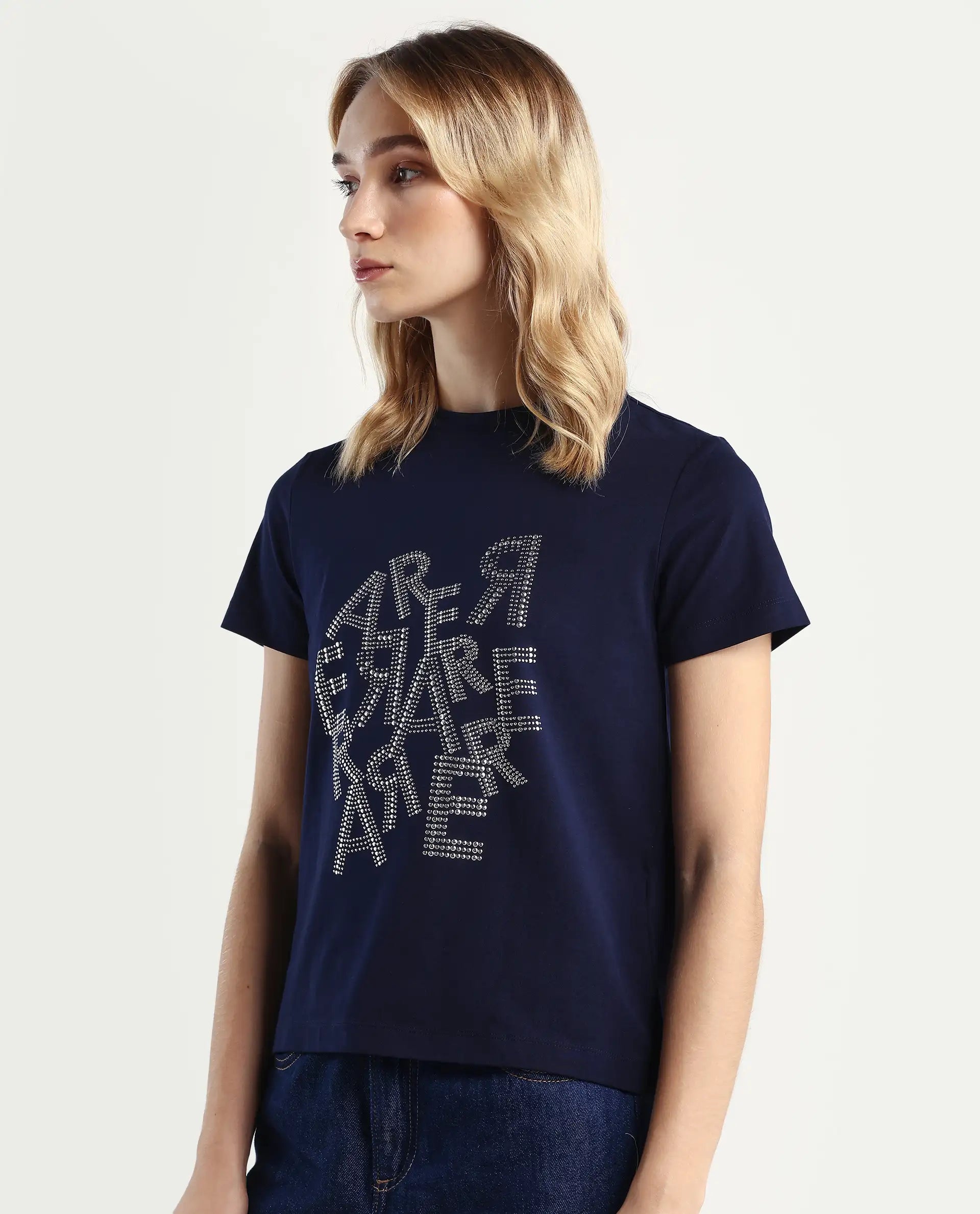 Rareism Women's Flank Dark Navy Cotton Blend Crew Neck Graphic Print Regular Fit T-Shirt