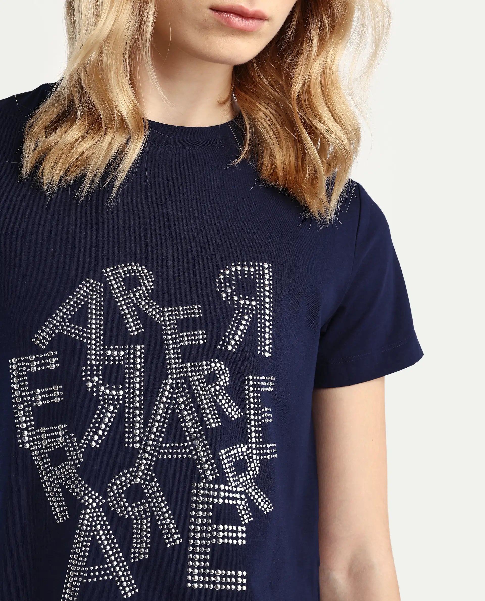 Rareism Women's Flank Dark Navy Cotton Blend Crew Neck Graphic Print Regular Fit T-Shirt