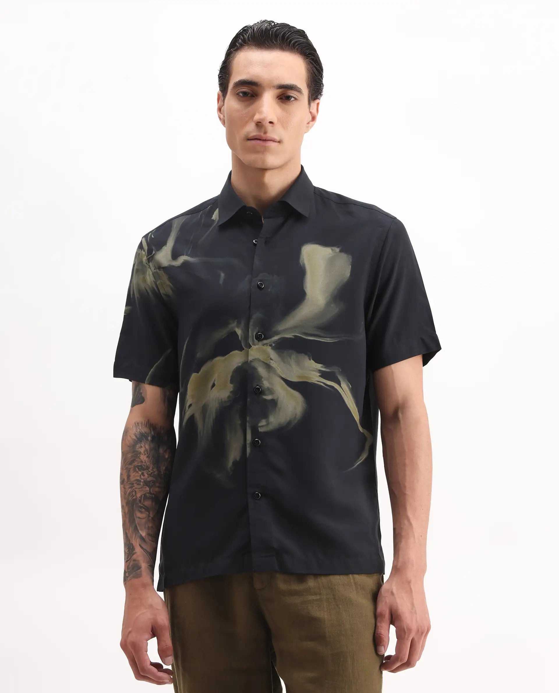 Rare Rabbit Men's Flara Black Viscose Floral Print Regular Fit Half Sleeve Collared Shirt