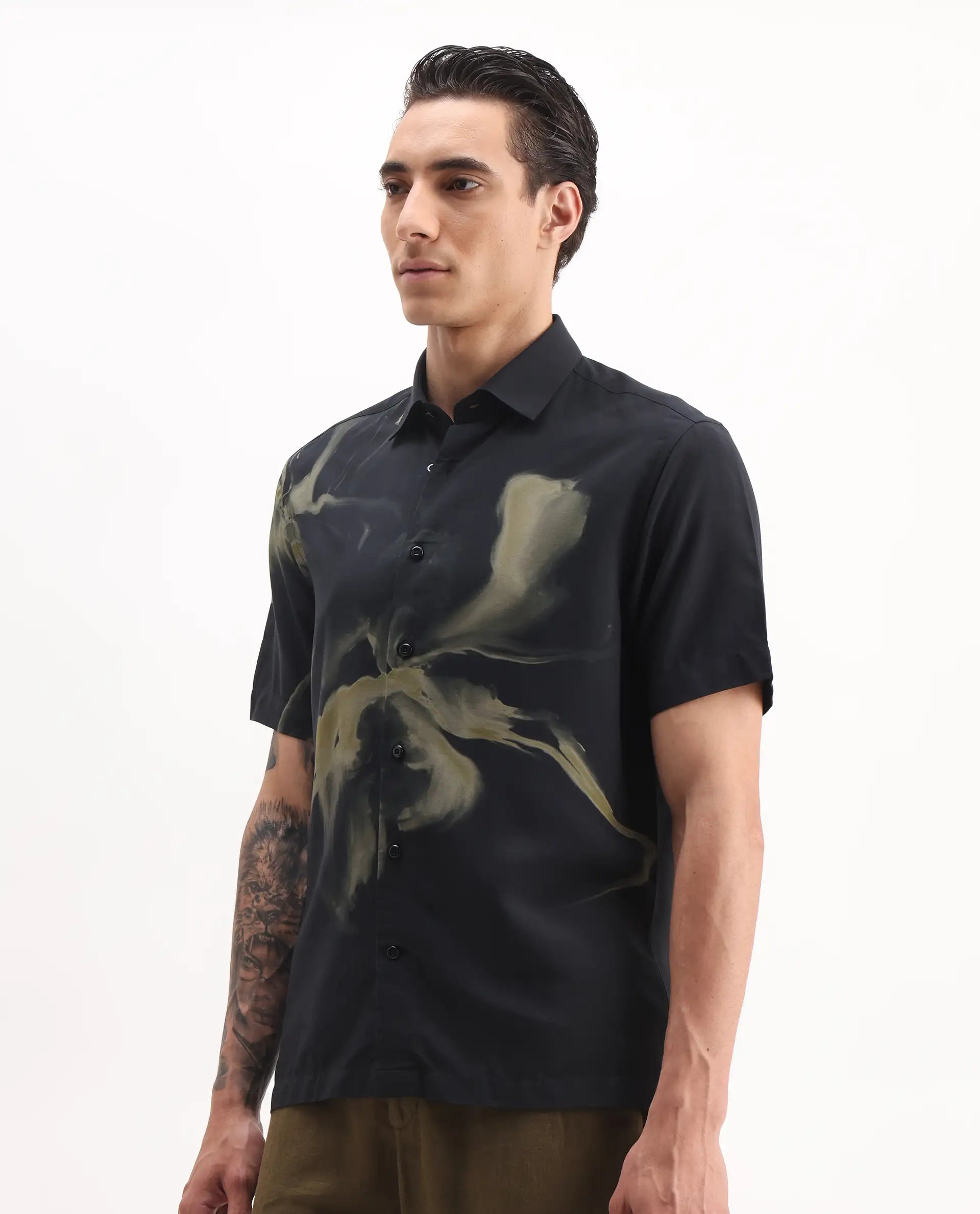 Rare Rabbit Men's Flara Black Viscose Floral Print Regular Fit Half Sleeve Collared Shirt