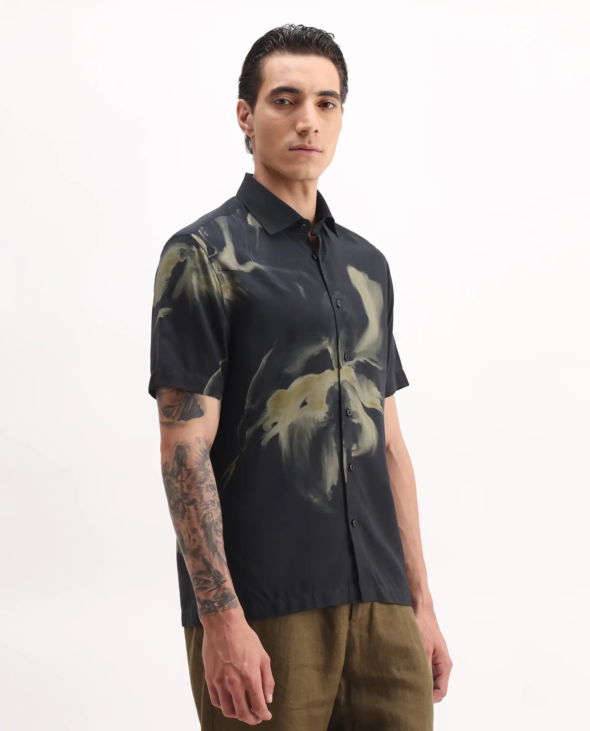 Rare Rabbit Men's Flara Black Viscose Floral Print Regular Fit Half Sleeve Collared Shirt