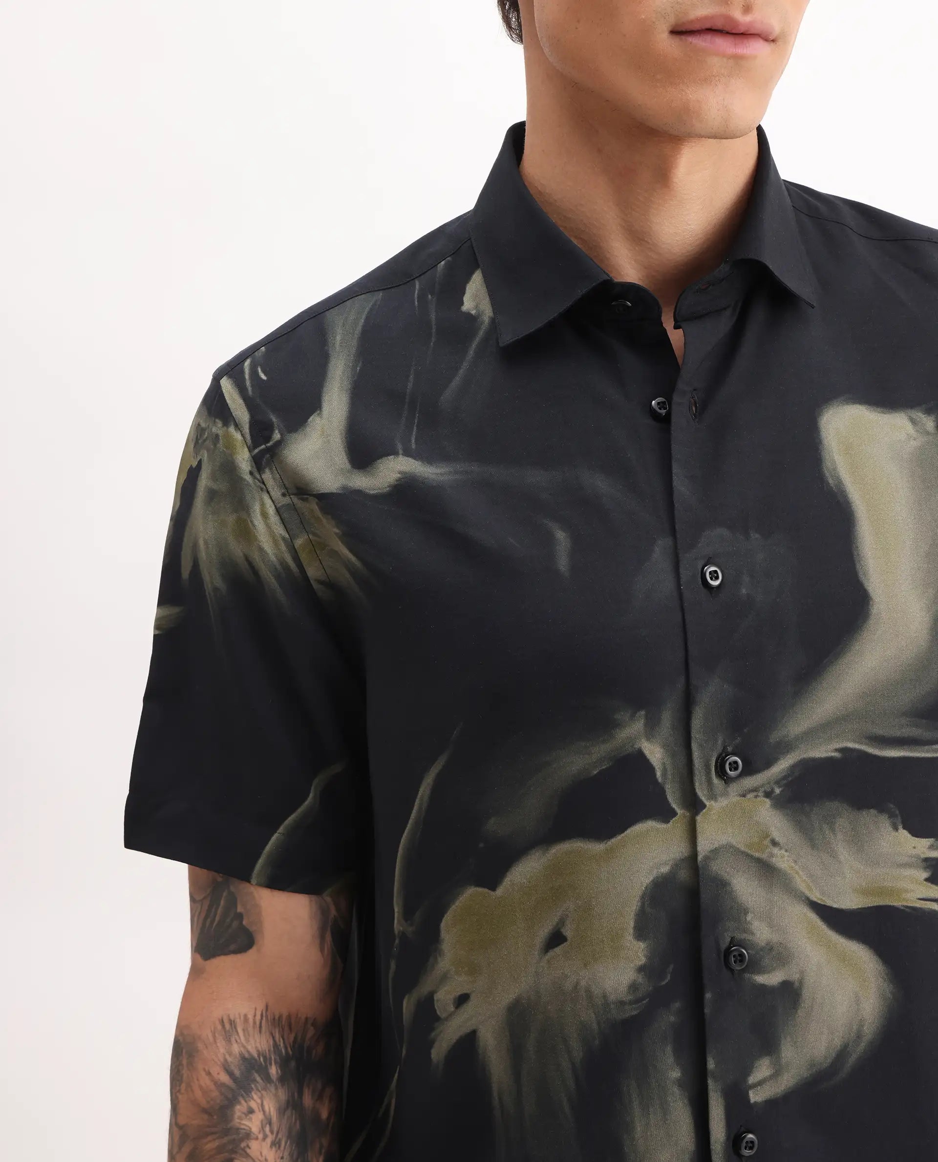 Rare Rabbit Men's Flara Black Viscose Floral Print Regular Fit Half Sleeve Collared Shirt