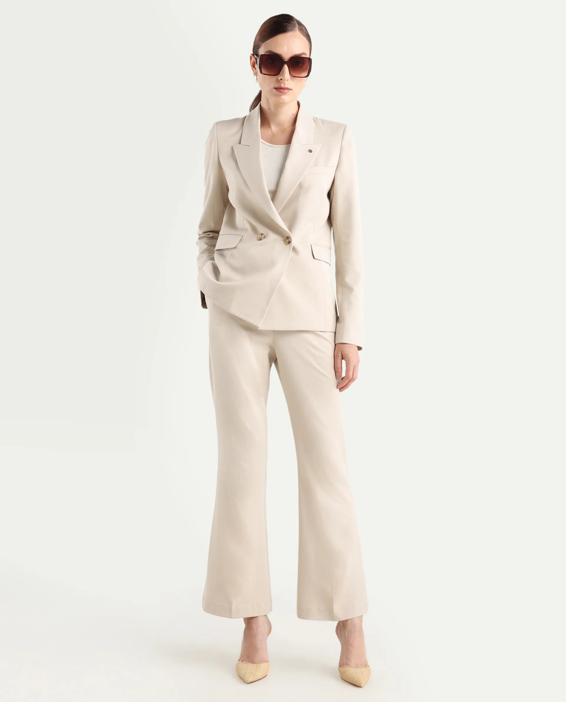 Rareism Women's Flare Beige Polyester Blend Bootcut Ankle Length Plain Travel Trouser