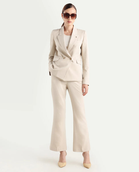Rareism Women's Erica - Beige Polyester Blend Plain Ankle Length Wide Trouser