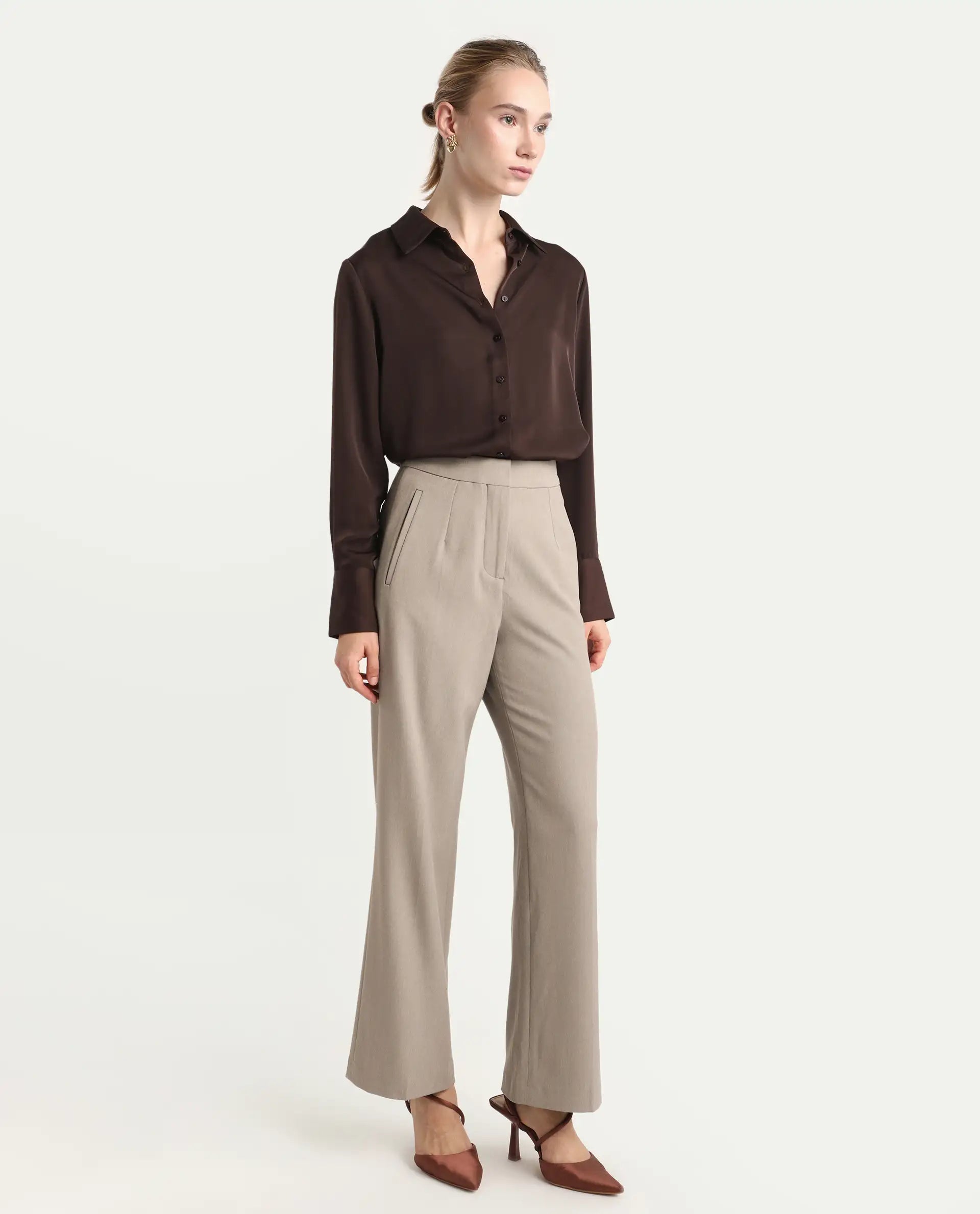 Rareism Women's Flare Fawn Polyester Blend Bootcut Ankle Length Plain Travel Trouser