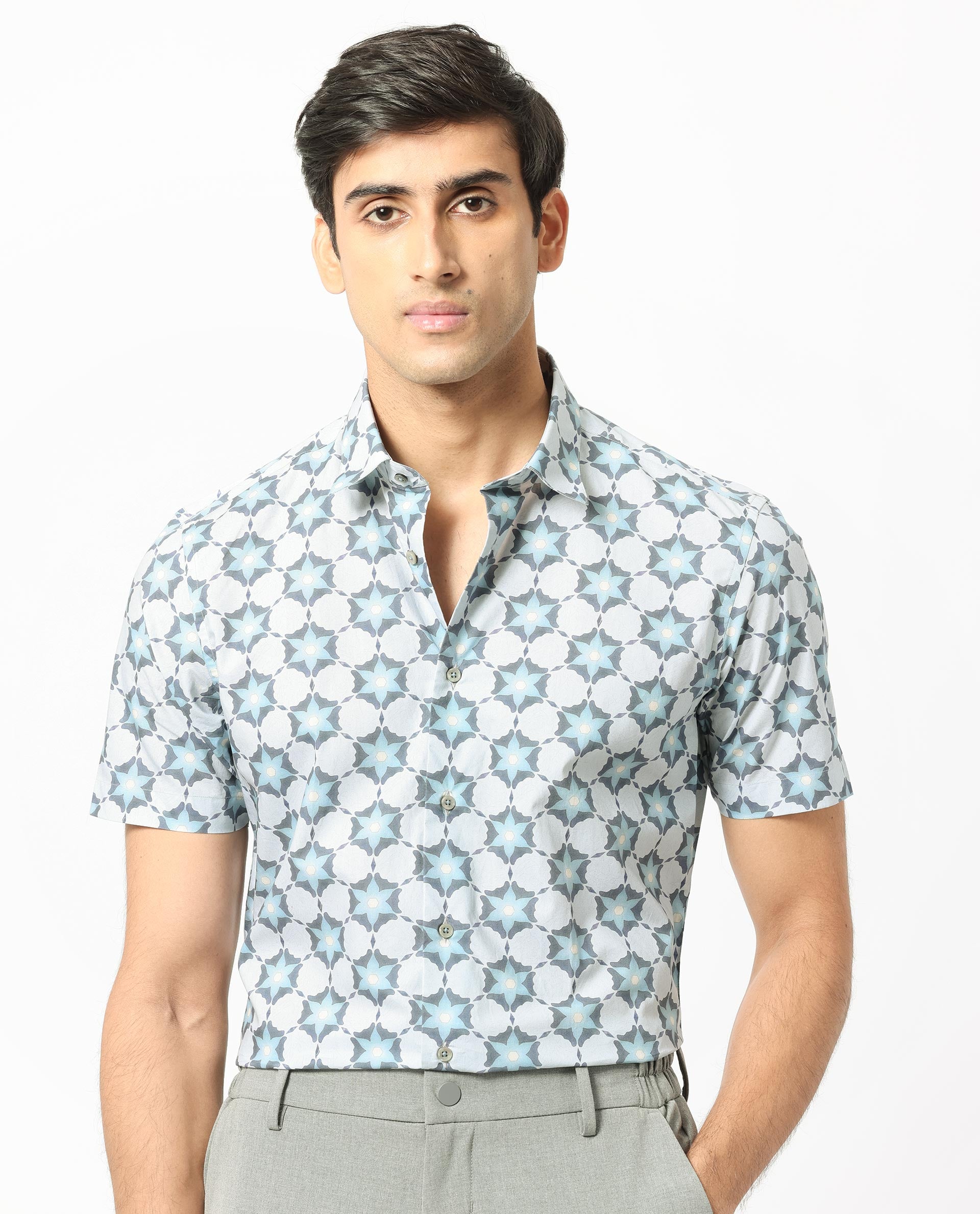Rare Rabbit Men's Flaret Cotton Fabric Grey Geo Floral Print Half Sleeves Shirt