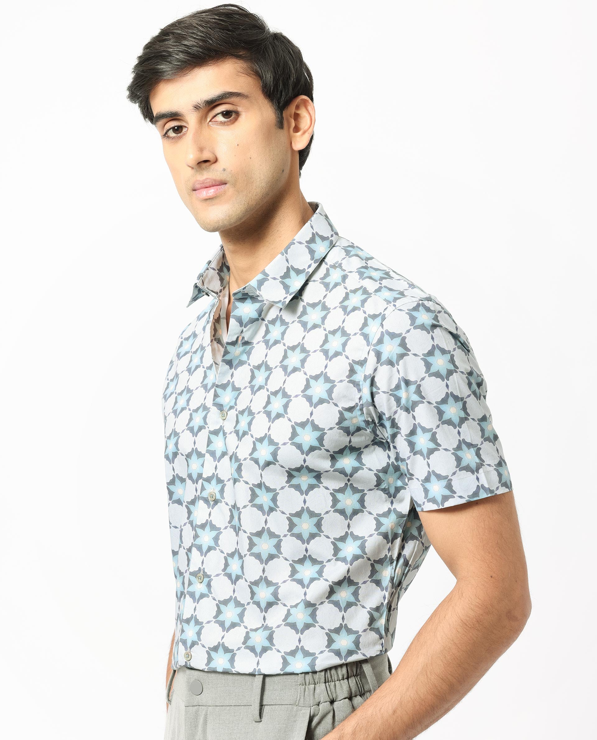 Rare Rabbit Men's Flaret Cotton Fabric Grey Geo Floral Print Half Sleeves Shirt