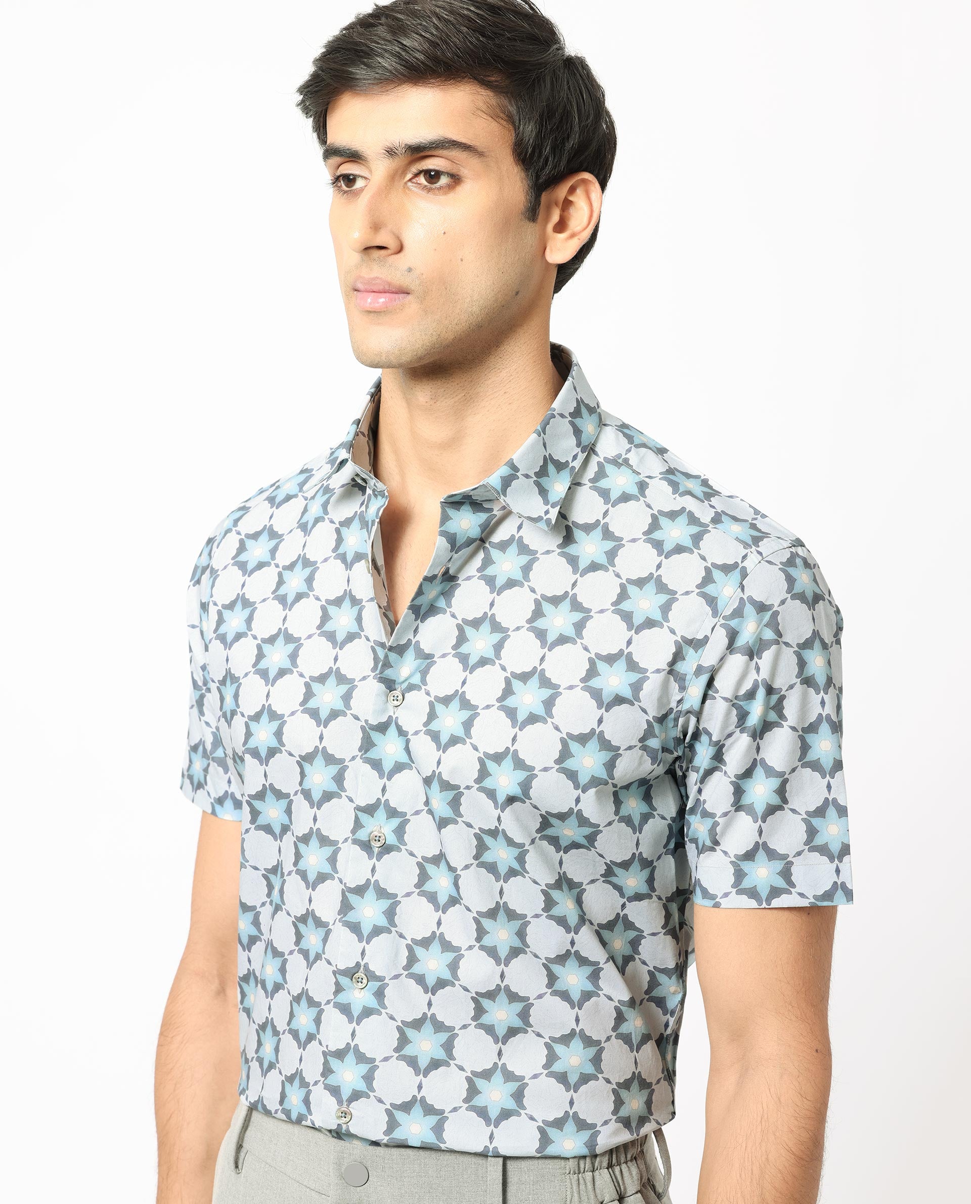 Rare Rabbit Men's Flaret Cotton Fabric Grey Geo Floral Print Half Sleeves Shirt