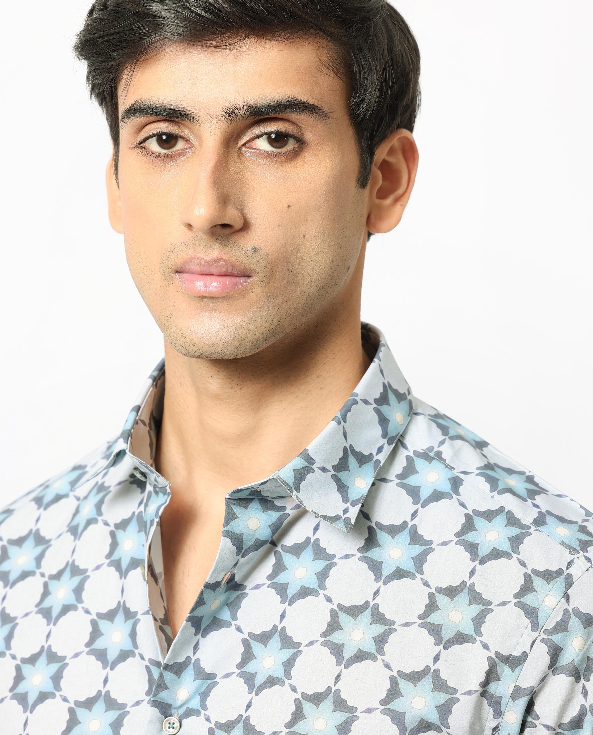 Rare Rabbit Men's Flaret Cotton Fabric Grey Geo Floral Print Half Sleeves Shirt