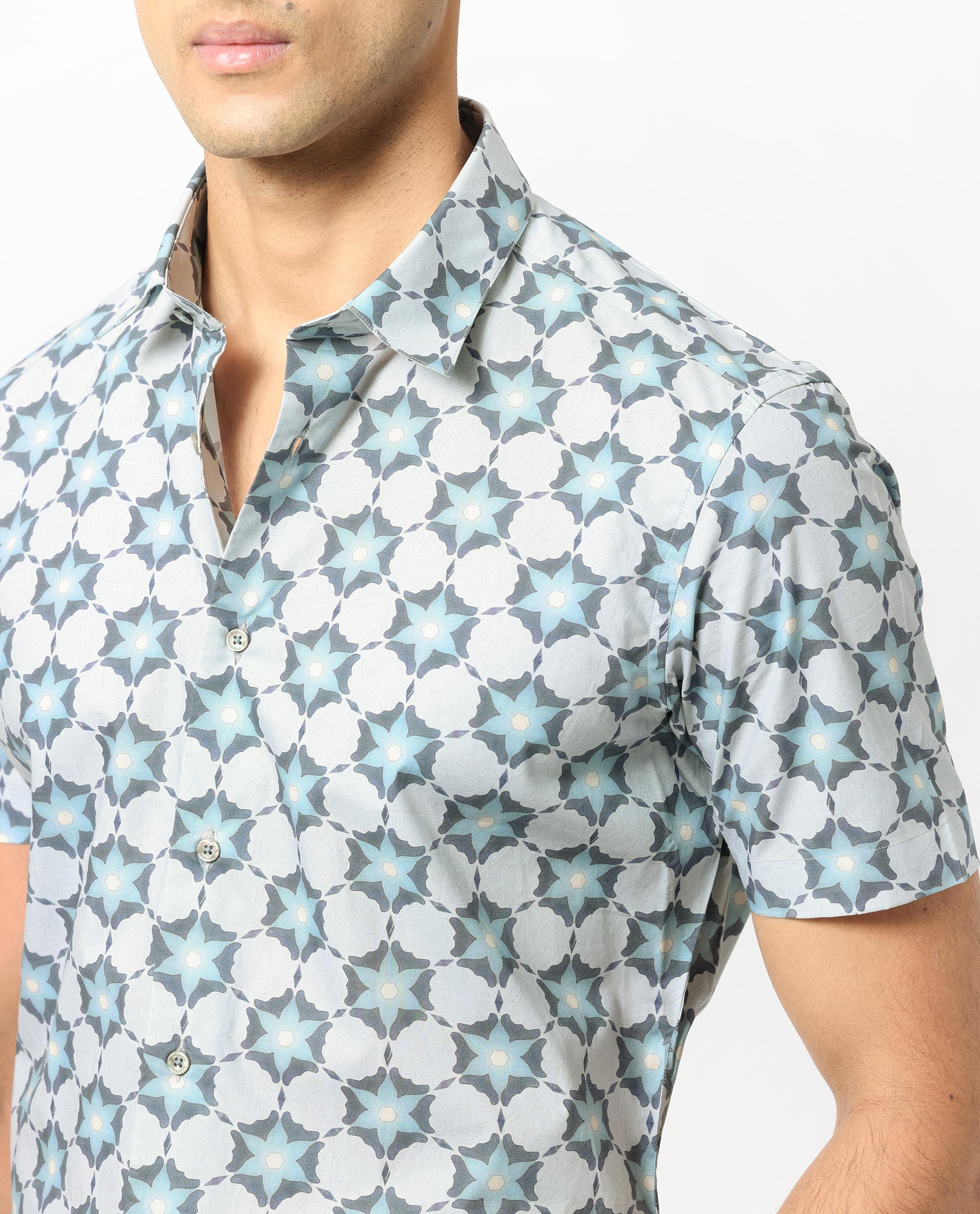 Rare Rabbit Men's Flaret Cotton Fabric Grey Geo Floral Print Half Sleeves Shirt