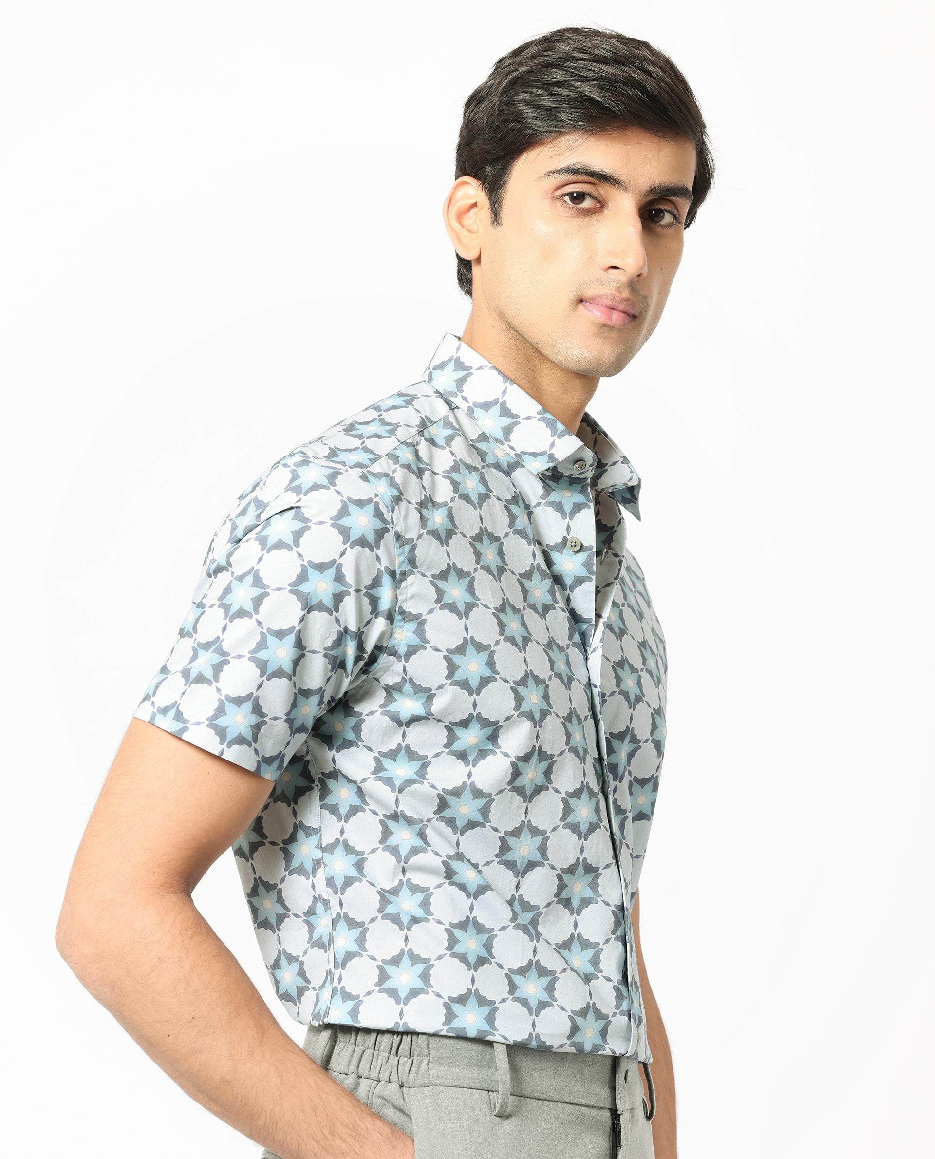 Rare Rabbit Men's Flaret Cotton Fabric Grey Geo Floral Print Half Sleeves Shirt