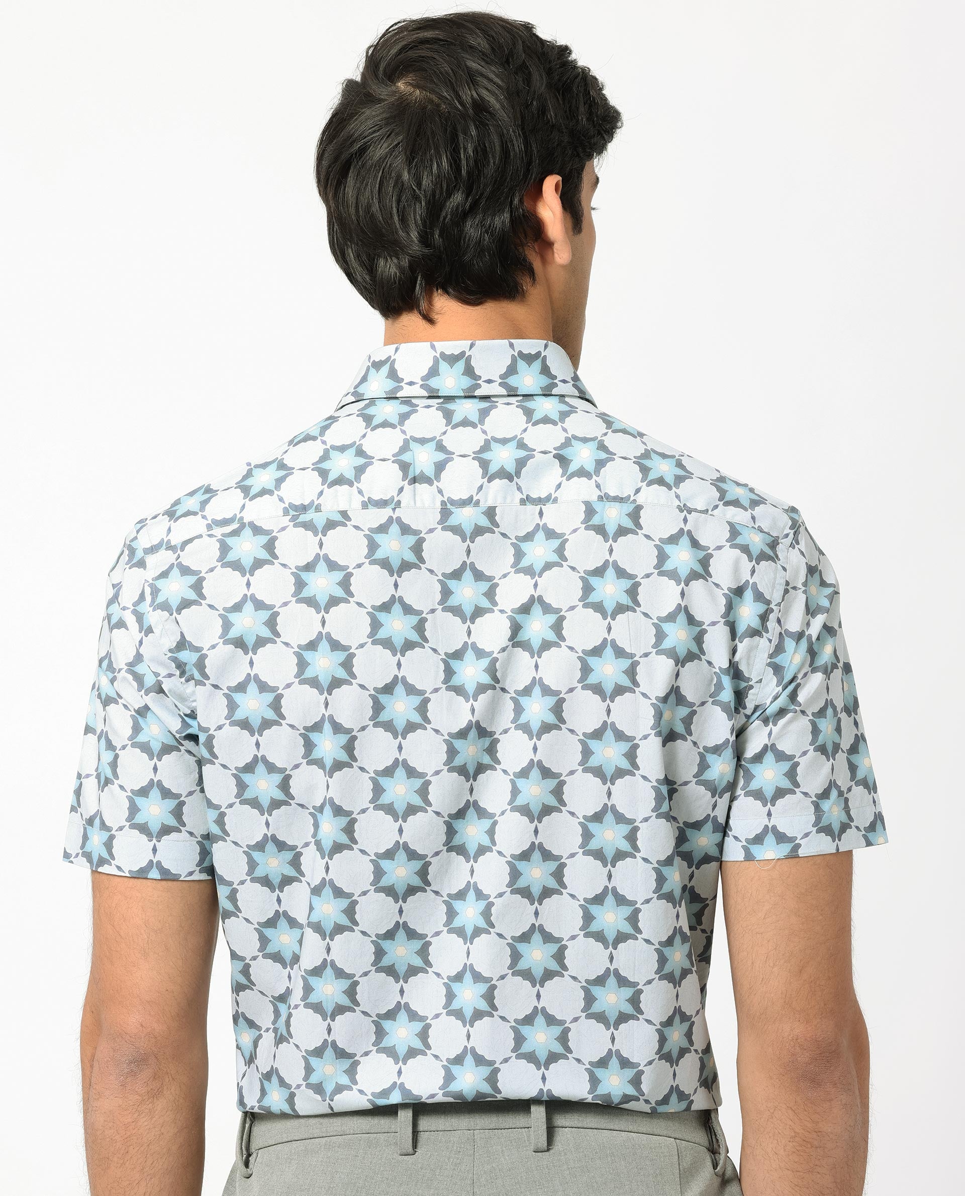 Rare Rabbit Men's Flaret Cotton Fabric Grey Geo Floral Print Half Sleeves Shirt